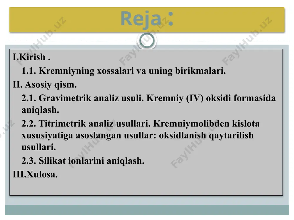 ligi uchun, uni bevosita titrlashning iloji yo’q, chunki kremniy kislotasini ekvivalent nuqtasida rangini o’zgartira oladigan indikatorni tanlash juda mushkul, shuning uchun ham kremniy kislotasi bilvosita titrlash usullari yordamida titrlab aniqlanadi. titrimetrik analizning ko’p turlari mavjud. shulardan kremniyni aniqlashda ko’p ishlatiladigani kremniymolibden va kremniyftoristovodorod kislotalarning xususiyatlariga asoslangan usullardir. kremniyni titrlashda sariq kremniy molibden kislota qaytaruvchilari yordamida aniqlanishi mumkin. molibden ko’ki hosil bo’lishiga ketgan qaytaruvchi miqdoriga qarab kremniy miqdoriga baho berish mumkin. veytsman analiz jarayonida hosil bo’lgan kremniymolibdenni kj bilan titrlab, undan ajralgan yodni tiosulfat yordamida titrlashni taklif qildi. silikat ionlarini aniqlash uchun suyultirilgan vodorod xlorid, sulfat kislota va ammoniy tuzlari eritmalaridan foydalaniladi buning uchun kremniy kislota tuzlariga juda sekin tomchilatib vodorod xlorid yoki sulfat kislota qo’shiladi, bu vaqtda kremniy kislota tuzi gidrolizlanadi. natijada kremniy kislota erkin holga o’tib, oq cho’kmaga aylanadi. agar cho’kma hosil bo’lmasa,eritma qaynaguncha qizdiriladi, qizdirilganda gidroliz jarayoni tezlashadi. xulosa kremniyni miqdor va sifat jihatdan aniqlashga imkon beradigan birikmalar …