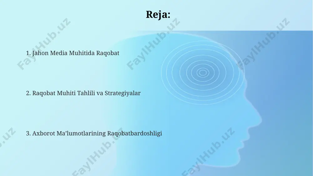 ilma-xilligini hisobga olgan holda tahlil qilinadi. onlayn va offlayn media raqobati toshkent shahrida joylashgan onlayn yangiliklar agentliklarining soni 2020 yildan buyon 3 barobar oshgan boʻlsa-da, offlayn gazetalar soni kamayib, oʻquvchilarning onlayn platformalarga oʻtishi kuzatilmoqda. oʻzbekistondagi onlayn media bozorining 2023 yilgi hisobotlariga koʻra, 5 millionga yaqin faol foydalanuvchi onlayn yangiliklar manbalaridan foydalanadi, bu esa offlayn matbuotning oʻquvchilar sonini sezilarli darajada ortda qoldiradi. offlayn televideniye va radiokanallar, masalan, “oʻzbekiston” telekanali va “milliy” radiosi kabi, hali ham katta auditoriyaga ega, biroq onlayn platformalarning tez rivojlanishi ularning ta’sirini pasaytirib bormoqda. raqobat muhiti tahlili va kelajak prognozlari oʻzbekistonning raqamli iqtisodiyotga oʻtish strategiyasi doirasida 2025-yilga qadar jahon media maydonida 500 dan ortiq yangi raqamli mahsulot va xizmatlarning paydo boʻlishi kutilmoqda, bu esa raqobatni kuchaytiradi. toshkent shahrida joylashgan media kompaniyalari sonining 20% ga yaqini soʻnggi 3 yilda xorijiy investitsiyalarni jalb qildi, bu esa milliy media bozorida global oʻyinchilarning taʼsirini oshirdi. markaziy osiyo davlatlari orasida oʻzbekistonning internet foydalanuvchilari …