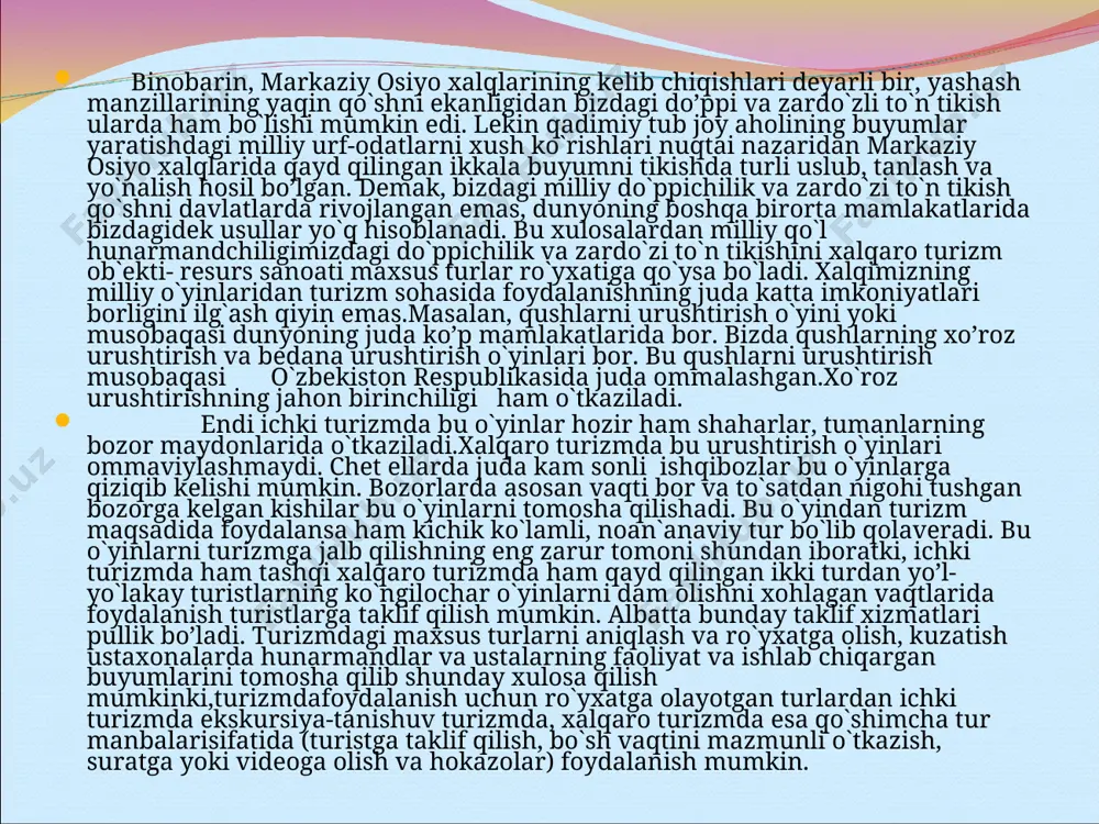 bormoqda va izchil rivojlanmoqda. zero, mamlakatimizga tashrif buyuradigan sayyohlar oqimining ko‘payishi aynan ushbu soha rivojiga bog‘liq. qashqadaryo viloyatida 16 turistik agentlik ish olib borayapti. “o‘zbekturizm” milliy kompaniyasining viloyatdagi sayyohlik va ekskursiyalar byurosi ma’lumotlariga ko‘ra, joriy yilning to‘qqiz oyi mobaynida vohaga jahonning o‘nlab mamlakatlaridan 15 mingga yaqin xorijlik sayyoh tashrif buyurgan. vohaning tarixiy-me’moriy obidalari, ziyoratgohlar va so‘lim maskanlarini keng targ‘ib qilishga qaratilgan yangi marshrutlarning ishlab chiqilgani, shuningdek, sayyohlarga zamonaviy mehmonxonalarda yuqori sifatli xizmatlar ko‘rsatilayotgani qashqadaryoda turizmni jadal rivojlantirish borasida yangi imkoniyatlarni ochmoqda. suratda: shahrisabzdagi dorus-saodat majmui – xorijlik sayyohlarni doim hayratga soladi fond forumning qatardagi ilk yirik madaniy loyihasi 30 may kuni doxa shahrida o'tkazildi. loyiha doirasida “vii-xxi asrlar sharqona xattotlik namunalari va miniatyura san'ati” kitobi taqdimoti hamda sharq xattotligi va miniatyurasining noyob asarlari, mamlakatimiz an'anaviy va zamonaviy san'ati ko'rgazmasi tashkil etildi. “o'zbekiston an'anaviy va zamonaviy san'ati” mavzusiga bag'ishlangan tadbirda mamlakatimiz merosi to'rtta asosiy bo'limda namoyish etildi, bular: o'rta asarlarga oid …