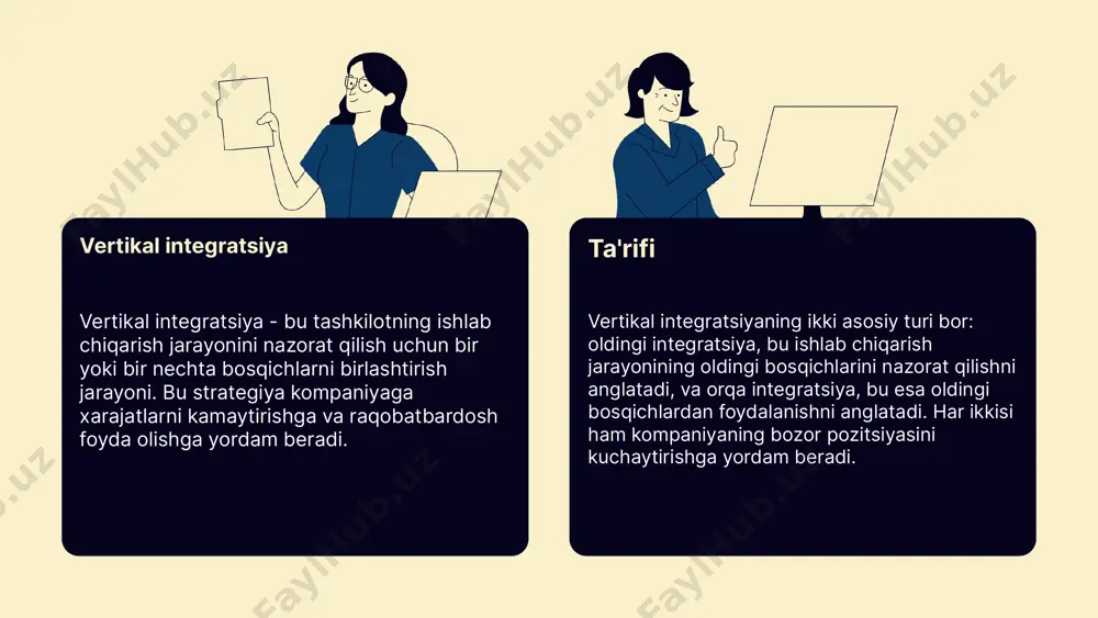 shtiradi va ko'proq diversifikatsiyaga yo'naltiriladi. boshqa strategiyalarga nisbatan, qaldirg'och integratsiyasi raqobatni kamaytirishga va innovatsiyalarni tezda joriy etishga yordam beradi. kelajakdagi tendensiyalar rivojlanish kelajakda vertikal integratsiya modeli yangi rivojlanishlarni ko'rsatadi. kompaniyalar o'z resurslarini yanada samarali boshqarish va raqobatbardoshligini oshirish uchun integratsiyani kuchaytiradi. bu, o'z navbatida, yangi biznes modellarini va xizmatlarni yaratishga olib keladi. innovatsiyalar innovatsiyalar va yangi texnologiyalar vertikal integratsiyaga ta'sir qiladi. sun'iy intellekt, ma'lumotlar tahlili va avtomatlashtirish jarayonlarni optimallashtirishga yordam beradi, bu esa ishlab chiqarish va ta'minot zanjirlarida samaradorlikni oshiradi. bozor o'zgarishlari bozor va iqtisodiy o'zgarishlar vertikal integratsiya strategiyalarini shakllantirishda muhim rol o'ynaydi. iqtisodiy o'sish, iste'molchilar talabining o'zgarishi va raqobat sharoitlari kompaniyalarni yangi strategiyalar ishlab chiqishga majbur qiladi. himoya strategiyalari va ularning roli himoya strategiyalarining ta'rifi va ahamiyati himoya strategiyalari - raqobatbardosh ustunlikni oshirish uchun qo'llaniladigan usullar. ular kompaniyaning o'zini qanday himoya qilishi va raqobatga qarshi qanday harakat qilishini belgilaydi. ushbu strategiyalar, bozorga kirish, raqobatchilarni nazorat qilish va resurslarni samarali …