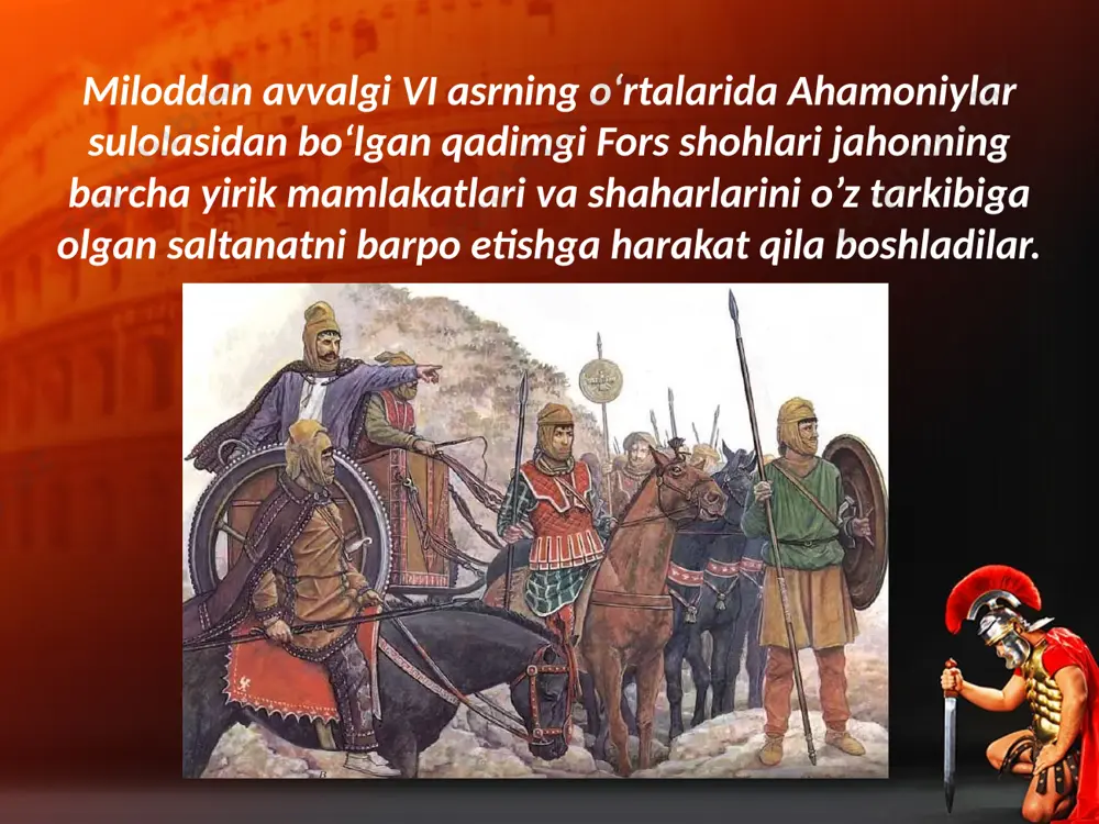 kunda britaniya muzeyida saqlanayotgan, 1877- yilda amudaryo xazinasidan topilgan oltin va kumush buyumlar yorqin misol bo‘la oladi. arxeologlar shahar va qo’rg’onlar atrofida dalalarga suv olib kelgan anhorlar va ariq izlarini topganlar. o‘rta osiyo aholisi vakillari. mil. avv. vi asr savol va topshiriqlar 1. kir ii o’rta osiyo hududiga qachon bostirib kirdi? 2. o’rta osiyoning qaysi davlatlari kir ii tomonidan bosib olindi? 3. kir ii ning navbatdagi yurishi kimga qarshi qaratilgan edi? 4. marg‘iyonada doro i ga qarshi qachon qo’zgolon ko’tariladi? unga qarshi kim boshchilik qildi? 5. yozuvsiz xaritada o’rta osiyo bo’ylab bosqinchilar yo‘lini belgilang. 6. ahamoniylar o’rta osiyoda qaysi soliqlani joriy etganlar? 7. shiroq tutgan yo‘lni qanday baholaysiz? image2.jpg image3.jpeg image4.jpeg image5.emf image6.jpeg image7.jpeg image8.jpeg image9.jpeg image10.jpeg image11.jpeg image12.jpeg image13.jpeg image14.jpeg image15.jpeg image16.emf image1.jpg