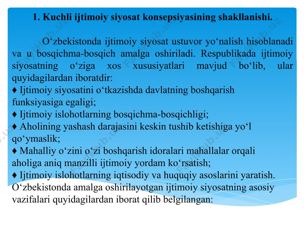 avlat tomonidan beriladigan imtiyozlar; ♦ ish haqi va pensiya minimumining davlat tomonidan kafolatlanishi; ♦ ko‘p bolali oilalarga to‘lanadigan nafaqalar; ♦ kam taʼminlangan aholi tabaqalariga moddiy yordam ko‘rsatish; ♦ bolalikdan nogiron va boshqa mehnat qobiliyatini yo‘qotganlarni ijtimoiy qo‘llab-quvvatlash; ♦ talabalar uchun to‘lanadigan davlat stipendiyalari; ♦ ishsizlik nafaqasi; ♦ eng muhim oziq-ovqat mahsulotlari turlarini belgilangan narxlarda sotilishini taʼminlash; ♦ ijtimoiy ahamiyatga ega bo‘lgan xizmatlar baholaridagi farqlarni byudjet hisobidan qoplash; ♦ ijtimoiy sohaning eng muhim tarmoqlari (sog‘liqni saqlash, taʼlim, jismoniy tarbiya, sport va madaniyat) moddiy bazasini rivojlantirishni qo‘llab-quvvatlash va mustahkamlash mamlakatimizda aholi daromadlari va turmush darajasini oshirishga qaratilgan ijtimoiy siyosatning amalga oshirilishi natijasida aholi jon boshiga o‘rtacha to‘g‘ri kelgan pul daromadlari, ish haqi va pensiyalar o‘sishining ijobiy dinamikasi vujudga kela boshladi. аholining daromadlari tarkibida yollanma ishchilarning daromadlari ulushi 2010-2017-yillarda 45,0 %dan 34,3 %ga kamaydi, mustaqil ravishda band bo‘lishdan olingan daromadlar ulushi 25,0 %dan 34,5 %ga o‘sdi. o‘zbekiston respublikasi prezidentining 2016-yil 5oktabrdagi pf-4848-sonli “tadbirkorlik …