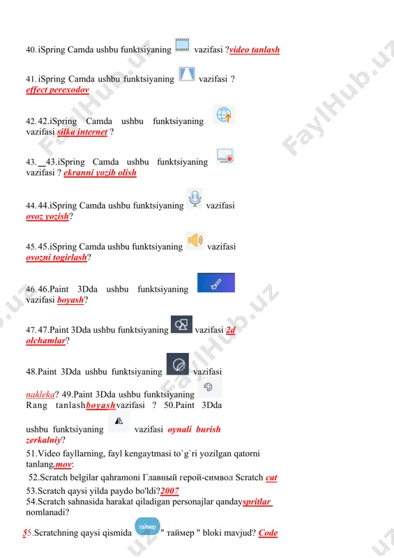 ri qaysi dasturda tuzilgan katta hajmli testlarni eksport qiladi?power point 94.ispring quizmaker vazifasi oquvchi uchun testlar yaratish 95. ispring talksmaster vazifasi qiziqarli dialoglar yaratish personajlar tanlanib 96. testni xotirada saqlash qaysi tugma orqali amalga oshiriladi saqlash 97.multimedia vositalariga nimalar kiradi?radio televideniya kompyuter va bowqalar 98. global tarmoq ... bu shaxsiy kompyuterlar va ularni o’zaro bog’lovchi lokal tarmoqlardir. 99. ikki kompyuterni telefon liniyalari orqali ulash uchun quyidagilar bo'lishi kerak: 2ta modem, 100. elektron pochta: maʼlumotlarni uzatish tarmogʻi orqali axborotlarni bir foydalanuvchi elektron qutisidan boshqasinikiga joʻnatish, qabul qilish va maʼlum vaqtgacha saqlanishini taʼminlovchi dasturiytexnik vositalar toʻplami. 101. http protokoli quyidagilar uchun xizmat qiladi: ular sizni internet va internetdagi qoidalarni boshqarish uchun ko'rinmas tarzda ta'sir qiladi. передачи гипертекста 102. mahalliy tarmoqni tashkil qilish uchun kompyuter tarmog'ining qaysi tarkibiy qismlari talab qilinadi? router wifi 103. web-sahifalarni ko'rish uchun quyidagilar mo'ljallangan:web brauzer 104. kompyuterlarni ulash sxemalaridan qaysi biri yopiq zanjir hisoblanadi?lan,can кольцо айлана 105. fayllarni …