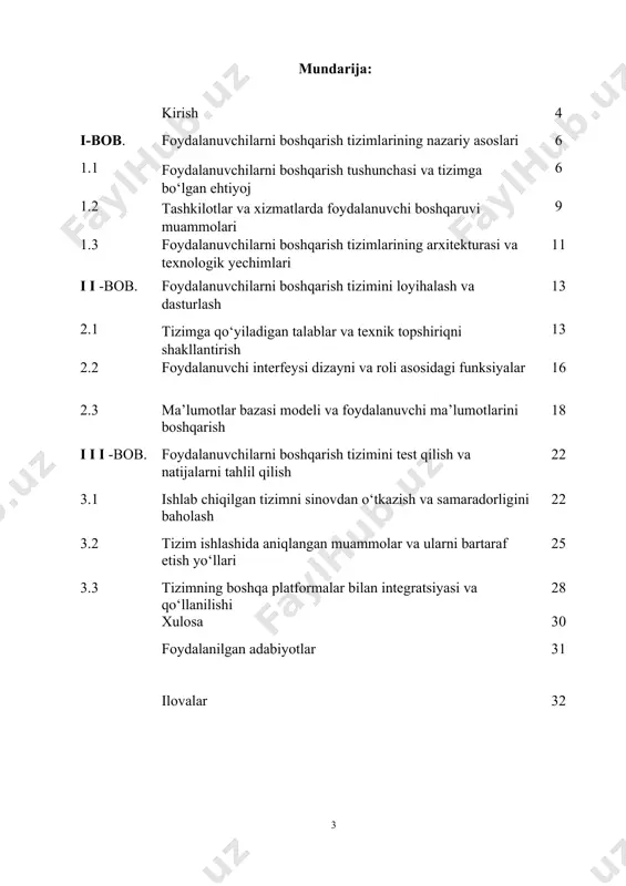 dasturlash vositalari (masalan, python yoki javascript) yordamida tizimni loyihalash, asosiy funksiyalarni ishlab chiqish va sinovdan o‘tkazish, shuningdek, foydalanuvchilar uchun tushunarli ko‘rsatmalar ishlab chiqish. loyihaning obyekti – tashkilotning foydalanuvchilar bilan o‘zaro munosabatlari va ichki jarayonlaridir. predmeti esa ushbu jarayonlarni avtomatlashtirish uchun mo‘ljallangan axborot tizimining quyi tizimini loyihalash va amalda qo‘llash yo‘llaridir. tizimning nazariy ahamiyati foydalanuvchilarni boshqarish jarayonlarini raqamlashtirish bo‘yicha ilmiy asoslarni ishlab chiqish va ularni dasturiy ko‘rinishda amalga oshirishdan iborat. amaliy ahamiyati tizim orqali jarayonlarni tizimlashtirish, xizmat sifatini oshirish va tezkorlikni ta’minlashda namoyon bo‘ladi. tizim foydalanuvchilarga xabar berish (sms yoki ilovalar orqali), resurslarni optimallashtirish va xodimlar ishini samarali tashkil qilish kabi imkoniyatlarni taqdim etadi. metodik asos sifatida axborot tizimlarini loyihalash prinsiplari, ob’ektga yo‘naltirilgan dasturlash va zamonaviy dasturlash tillari qo‘llaniladi. jarayon davomida tizim modellarini tuzish, dasturlash va sinovdan o‘tkazish bosqichma-bosqich amalga oshiriladi. natijada, tizim tashkilotlarning raqobatbardoshligini oshirishga va xizmat sifatini yuqori darajaga ko‘tarishga xizmat qiladi. 1- bob. foydalanuvchilarni boshqarish tizimlarining nazariy asoslari …