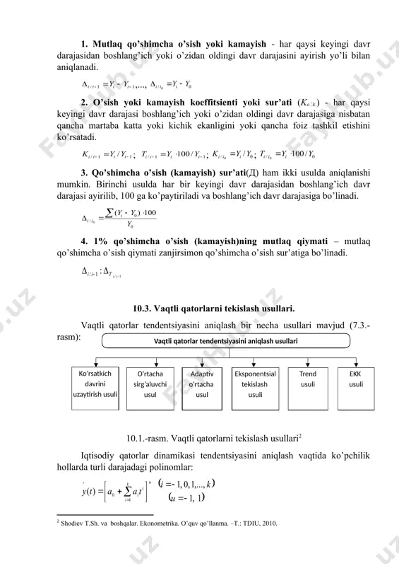 zanjirsimon qo’shimcha o’sish sur’atiga bo’linadi. 10.3. vaqtli qatorlarni tekislash usullari. vaqtli qatorlar tendentsiyasini aniqlash bir necha usullari mavjud (7.3.-rasm): 10.1.-rasm. vaqtli qatorlarni tekislash usullari iqtisodiy qatorlar dinamikasi tendentsiyasini aniqlash vaqtida ko’pchilik hollarda turli darajadagi polinomlar: va eksponentsional funktsiyalar qo’llaniladi: (2.1) shuni qayd etib o’tish lozimki, funktsiya shakli tenglashtirilayotgan qatorlar dinamikasi xarakteriga muvofiq, shuningdek, mantiqiy asoslangan bo’lishi lozim. polinomning eng yuqori darajalaridan foydalanish ko’pchilik hollarda o’rtacha kvadrat xatolarining kamayishiga olib keladi. lekin bunday vaqtlarda tenglashtirish bajarilmay qoladi. tenglashtirish parametrlari bevosita eng kichik kvadratlar usuli yordamida baholanadi. eksponensional funktsiya parametrlarini baholash uchun esa boshlang’ich qatorlar qiymatini logarifmlash lozim. normal tenglamalar sistemasi quyidagicha bo’ladi: a) tartibli polinom uchun: (2.2) b)eksponentsional funktsiya uchun: (2.3) agar tendentsiya ko’rsatkichli funktsiyaga ega bo’lsa, ya’ni bo’lsa, ushbu funktsiyani logarifmlab, parametrlarini eng kichik kvadratlar usuli yordamida aniqlash mumkin. ushbu funktsiya uchun normal tenglamalar sistemasi quyidagi ko’rinishga ega bo’ladi: (2.4) ko’pincha boshlang’ich ma’lumotlar asosida qatorlar dinamikasining rivojlantirish tendentsiyasini tavsiya etish …