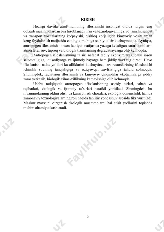loslanish sanoat korxonalarining chiqindilari orqali suv havzalariga issiq suv chiqarilishi bilan bog‘liq bo‘lib, bu suv ekotizimlariga zarar yetkazadi va suvdagi kislorod miqdorini kamaytirib, jonzotlarning nobud bo‘lishiga sabab bo‘ladi. radiatsion ifloslanish esa yadro sinovlari, atom elektr stansiyalari va sanoat chiqindilari natijasida yuzaga kelib, organizmlarning mutatsiyaga uchrashiga va xavfli kasalliklarning ortishiga olib keladi. biologik ifloslanish zararli mikroorganizmlar, viruslar va kasallik tarqatuvchi bakteriyalar orqali ifloslanish shaklida namoyon bo‘ladi. kanalizatsiya oqavalari, chiqindilar va noto‘g‘ri yo‘q qilingan biologik materiallar natijasida suv va tuproq tarkibida xavfli mikroorganizmlar paydo bo‘lib, ularning inson organizmiga ta’siri natijasida turli yuqumli kasalliklar tarqalishi kuzatiladi. bunday ifloslanish natijasida ichak infeksiyalari, gepatit, teri kasalliklari va boshqa sog‘liq muammolari yuzaga kelishi mumkin. antropogen ifloslanish global ekologik muammolarni kuchaytiradi va sayyoramizning ekologik muvozanatini buzadi. atmosfera tarkibining o‘zgarishi iqlim o‘zgarishlarini tezlashtiradi va yer yuzasida o‘rtacha haroratning oshishiga olib keladi. muzliklarning erishi, dengiz sathining ko‘tarilishi va qurg‘oqchilik kabi muammolar aynan antropogen ifloslanish natijasida sodir bo‘lib, u qishloq …