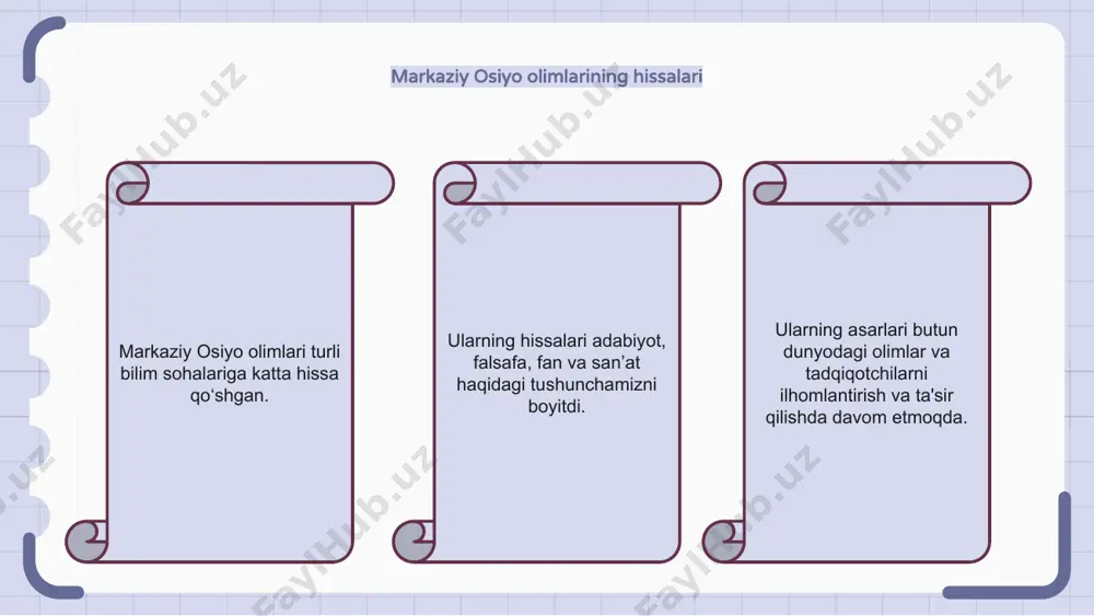 intaqaning o'ziga xos tarixi, tillari va madaniyati haqida chuqur tushunchaga ega. ular o'zlarining tajribalari bilan siyosat, xalqaro munosabatlar va iqtisodiyot kabi turli sohalarga hissa qo'shishlari mumkin. qolaversa, ularning bilimi markaziy osiyoning global miqyosda rivojlanishi va taraqqiyoti uchun muhim ahamiyatga ega. xulosa xulosa qilib aytadigan bo'lsak, markaziy osiyo olimlari tadqiqot va ilmiy sohada hal qiluvchi rol o'ynaydi. ularning keng bilim va tajribasi markaziy osiyo madaniyati, tarixi va jamiyatini tushunishga katta hissa qo‘shadi. ularning ishi sharq va g'arb o'rtasidagi tafovutni bartaraf etishga yordam beradi, ko'proq tushunish va hamkorlikni rivojlantiradi. e'tiboringiz uchun rahmat