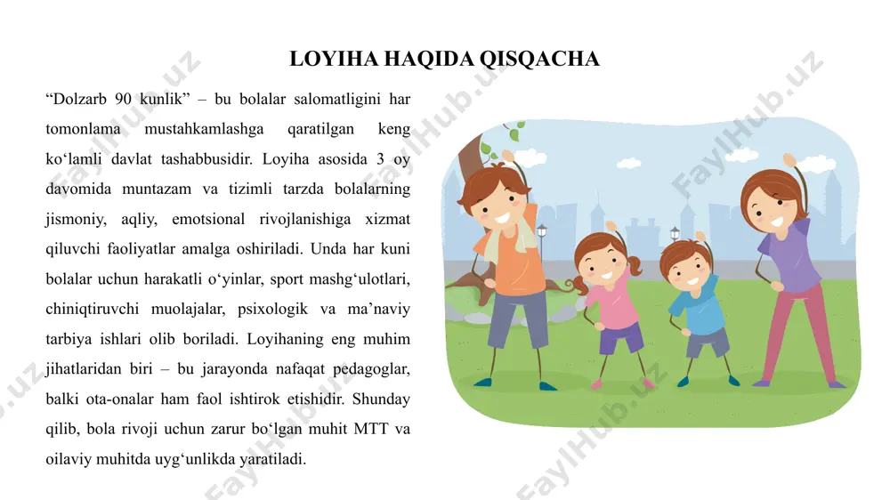muhit yaratiladi. musiqali raqslar, harakatli o‘yinlar va jamoaviy mashg‘ulotlar orqali bolalar jismoniy faollikka jalb qilinadi, bu esa ularning jismoniy, emotsional va ijtimoiy rivojlanishiga xizmat qiladi. jismoniy faoliyatlar loyiha doirasida bolalarning jismoniy faolligini oshirishga alohida e’tibor qaratiladi. har kuni 30 daqiqalik jismoniy mashg‘ulotlar tashkil etilib, ular bolaning harakatchanligini oshirish, muskullarini chiniqtirish va umumiy sog‘lig‘ini mustahkamlashga xizmat qiladi. maxsus musiqali harakatli o‘yinlar orqali bolalar mashg‘ulotlarga qiziqish bilan qatnashadilar va jamoada harakat qilish ko‘nikmasini hosil qiladilar. turli sport anjomlari – to‘p, halqa, sakrash arqoni kabi vositalar yordamida faoliyatlar o‘tkazilib, har bir bolaning jismoniy salohiyati rivojlantiriladi. aqliy va emotsional rivojlanish loyiha doirasida bolalarning aqliy va emotsional rivojlanishiga ham alohida e’tibor qaratiladi. kitob o‘qish va hikoya aytish soatlari orqali bolalarda tafakkur, tasavvur va nutq faoliyati rivojlantiriladi, ularning lug‘at boyligi kengayadi. ijobiy motivatsiya, mehr-shafqat, rag‘batlantirish orqali bolalarning o‘ziga ishonchi ortadi, hissiy barqarorlikka erishiladi. psixologik muhitni yengillashtirish maqsadida tinchlantiruvchi mashg‘ulotlar, suhbatlar va jamoaviy o‘yinlar tashkil etilib, bolalar …