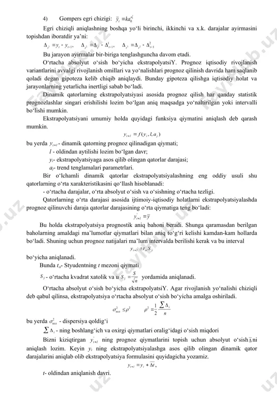 q muddatli evolyusiyani bildiradi. dinamik qatorlarning rivojlanish yо‘nalishi silliq egri chiziq bо‘lib, trend deb ataluvchi vaqt funksiyasi bilan ifodalanadi. trend – tasodifiy ta’sirlardan holi holda vaqt bо‘yicha harakat qonuniyatidir. trend vaqt bо‘yicha regressiya bо‘lib, doimiy omillar ta’sirida yuzaga keladigan rivojlanishning determinik tarkibiy qismidir. trendlardagi chetlanishlar tasodifiy omillar sababli yuzaga keladi. yuqoridagilarga asoslanib vaqt qatori funksiyasini quyidagicha beramiz: – jarayonlarning vaqt bо‘yicha yо‘nalishining doimiy tarkibiy qismi; (t– tasodifiy tarkibiy qismi; vaqtli qatorlar rivojlanishida uchta yо‘nalish: о‘rta darajalar yо‘nalishi; dispersiya yо‘nalishi; avtokorrelyatsiya yо‘nalishi mavjuddir. о‘rta daraja yо‘nalishi kо‘rinishda funksiya bо‘ladi. dispersiya yо‘nalishi - vaqtli qatorlarning empirik qiymatlarining trend tenglamalari yordamida aniqlangan qiymatlaridan chetlanish. avtokorrelyatsiya yо‘nalishi - vaqtli qatorlarning darajalari о‘rtasidagi bog‘liqliklarning о‘zgarishi. iqtisodiy-ijtimoiy jarayonlarni modellashning keng tarqalgan usuli vaqtli qatorlarni tekislash usulidir. tekislashgan har xil usullar mavjud bо‘lib, ularning eng asosiylari qatorlarning amaldagi qiymatlarini hisoblab topilganlari bilan almashtirishdir. chiziqli trendlar keng tarqalgan bо‘lib ularni umumiy holda quyidagicha yozamiz: bu yerda: - t …