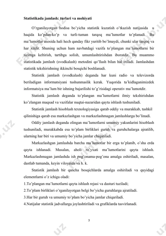 . 4.natijalar statistik jadvallarga joylashtiriladi va grafiklarda tasvirlanadi. guruhlash metodi: mohiyati, ahamiyati va turlari statistik kuzatish ma’lumotlarni qayta ishlash va tahlil qilishning keng tarqalgan metodlaridan biri guruhlashdir. statistikada guruhlash deb to’plam birliklarini eng muhim belgilari bo’yicha bir xil guruh va guruhchalarga ajratib o’rganishga aytiladi. guruhlash metodi statistikada ko’p yillardan (xviii asr) beri qo’llanib kelinmoqda. bu metodni qo’llashdan maqsad, to’plam birliklarini qanday bir bo’laklarga bo’lish emas, balki faqat shu hodisaga xos xususiyatlarni ochib berish, undagi mavjud tendentsiya va qonuniyatni baholash, miqdor o’zgarishlardan sifat o’zgarishlarga, sifat o’zgarishlardan miqdor o’zgarishlarga o’tish jarayonlarini aniqlash va baholashdir. guruhlash belgisi ifodalanishiga qarab atributiv va miqdoriy belgilarga, ta’siriga qarab omil va natijaviy belgilarga, ko’zlangan maqsad va vazifalarga qarab muhim va muhim bo’lmagan belgilarga bo’linadi. aholini jinsi bo’yicha guruhlarga ajratish, sinflarga bo’lish, mulkni davlat va shaxsiy mulkka bo’lish va boshqalar tipologik guruhlashga misol bo’la oladi. bu misollardan ko’rinib turibdiki, o’rganilayotgan to’plamning turli xildagi birliklari tipologik guruhlash yordamida sifat …