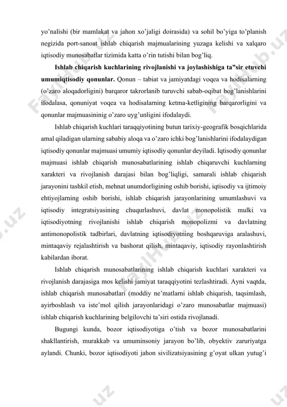 adi. ayni vaqtda, ishlab chiqarish munosabatlari (moddiy ne’matlarni ishlab chiqarish, taqsimlash, ayirboshlash va iste’mol qilish jarayonlaridagi o’zaro munosabatlar majmuasi) ishlab chiqarish kuchlarining belgilovchi ta’siri ostida rivojlanadi. bugungi kunda, bozor iqtisodiyotiga o’tish va bozor munosabatlarini shakllantirish, murakkab va umuminsoniy jarayon bo’lib, obyektiv zaruriyatga aylandi. chunki, bozor iqtisodiyoti jahon sivilizatsiyasining g’oyat ulkan yutug’i sifatida –iqtisodiy rivojlangan mamlakatlarda iqtisodiy o’sish va aholi farovonligini uzluksiz ta’minlovchi iqtisodiy tizim ekanligini isbotladi. bozor iqtisodiyoti ishlab chiqarish kuchlaridan unumli va samarali foydalanishni ta’minlash bilan shunga mos yuksak ishlab chiqarish munosabatlarini ham yuzaga keltiradi. chunki iqtisodiy taraqqiyot yo’li yangi tizim zaminida inson manfaatini yuzaga chiqarish, uning mehnatini qadrlash, aholining nochor qatlamini sotsial himoyalash maqsadlari yotadi. bozor iqtisodiyoti tajribasi uning amal qilish mexanizmi ijtimoiy yangilanishning eng samarali vositasi hisoblanadi, u xalqning ijodiy va mehnat salohiyatini to’la ishga tushiradi, boqimandalik va tekinxo’rlik kayfiyatiga chek qo’yadi. iqtisodiy tashabbus va ishbilarmonlikni rivojlantiradi. har bir kishining milliy boylikni o’stirish mas’uliyatini oshiradi, har bir …