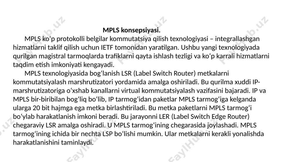 ida bir nechta lsp tunnel hosil qilinadi. birgina lsp da, jo‘natish va qabul qilishning turli joylarida lsp tunnellar hosil qlinishi, o‘z navbatida har bir tunnel ichida keynigi darajadagi tunnellar hosil qilinshi mumkin. bu yerda mpls ning ierarxik qurlishi paydo bo‘ladi. tunnel yaratishning ikki turi mavjud: hop-by-hop uslubi – bunda paketni qabul har bir marshrutizator uning keyingi yo‘lini o‘zi tanlaydi, yoki to‘g‘ridan - to‘g‘ri marshrutlash usuli bunda – marshrutizator paketlarnin qabul qilib olgach ularning keyingi yo‘nalishini yuqoridagi marshrutizatorlarning lsp jadvaliga asoslangan holda belgilaydi. 5-rasm. lsp da tunnellash. 5-rasmni tahlil qilinsa, dastlab ip paket tarmoqga kirib keldi, unga “chegaraviy soha” deb hisoblangan lsp 0 nolinchi darajali belgi (metka) va lsp trakti hosil qilindi. so‘ng paket “yadro” ga kelgach, malumot uzatishda rezerv yo‘llar hosil qilish imkoniyatini yaratish uchun, paketga yangi yani uning nolinchi darajali metkasini o‘zgartirmagan holda ustidan boshqa birinchi darajali metka qo‘shildi va mos ravishda birinchi darajali lsp tuneli ham yaratildi. paket …