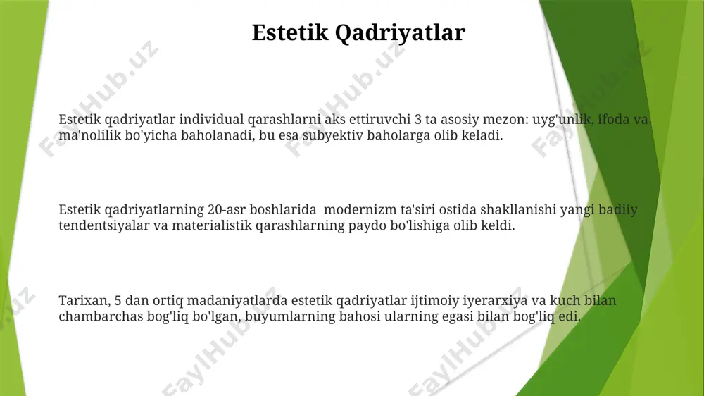 rga oid 7 ta yirik nazariyasi bu bog'liqlikni turlicha izohlashga harakat qilgan. san'at va madaniyat "san'at va madaniyat"da 20-asrning ikkinchi yarmidagi o'zbekiston san'atining rivojlanishiga bag'ishlangan kamida 5 ta katta maqola chop etilgan bo'lib, ular milliy va global kontekstda tahlil qilingan. "san'at va madaniyat" jurnali 1990-yillarning boshlarida o'zbekistonda estetika va san'at nazariyasi bo'yicha muhim manba bo'lib xizmat qilgan va 20 dan ortiq nashrni o'z ichiga olgan. jurnal adabiyotshunoslik, musiqa, tasviriy san'at kabi 3 ta asosiy sohani qamrab olgan holda, estetik qarashlarni turli xil nazariy yondashuvlar orqali tahlil qilgan. estetik tajriba “estetik tajriba” nazariyasi, san’at asariga 2 xil yondashuv – kognitv va emotsionalni ta’kidlab, ularning o'zaro bog'liqligi va estetik zavqni keltirib chiqarishdagi rolini tahlil qiladi. estetik tajriba sub’ektiv bo'lib, shaxsning madaniy, ijtimoiy va individual omillarga bog'liq holda 7 turdagi estetik qadriyatlar tizimini shakllantiradi. “estetik tajriba” tushunchasi san’at asarlari bilan boʻlgan 3 bosqichli munosabatni – idrok, baholash va hissiy reaksiyani oʻz ichiga oladi, …