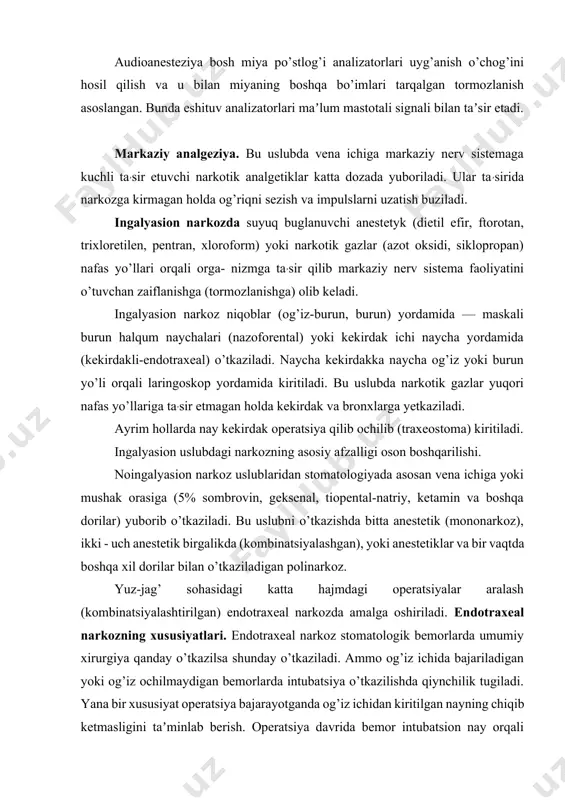 ib og’iz ochiladi 4) og’iz va yuqori nafas yo’llari qon, so’lak ovqat qoldiqlari, yod jismlardan tozalanadi, 5) sunʼiy nafas og’izdan-og’izga, yoki og’izdan og’iz burunga bosim bilan puflash orqali oldiriladi. buning uchun yordam beruvchi bosh tomonda yonidan keladi. bir qo’lini peshonaga qo’yib barmoqlari bilan burunni siqib, boshni pastga va orqaga itaradi, ikkinchi qo’l bilan engakdan ushlab pasti jag’ni oldiga tortib pastga tushiradi. chuqur nafas olib yordam beruvchi bemorni yarim ochiq og’ziga og’zini zich qo’yib keskin kuch bilan puflab havoni kiritadi va ko’qrak nafasining ko’tarilishini nazorat qiladi. puflab bo’lgach og’zini o’zsa, passiv holda o’pkadan havo chiqadi. bunday nafas oldirish 1 minutda kamida 12 marta bajarilishi shart. klinika sharoitida sunʼiy nafas oldirishni 8 shakldagi naycha yordamida, yeki sunʼiy nafas oldirish apparatida amalga oshirsa buladi. og’riqsizlantirishda uchraydigan hato va asoratlar asoratlar umumiy va mahalliy bo’ladi. anafilaktik shok – bu o’ta xavfli asorat bo’lib, ko’pincha allergik kasallikga moyil bemorlarda uchraydi. kasallik tipik ko’rinishda anesteziya o’tkazilgandan …