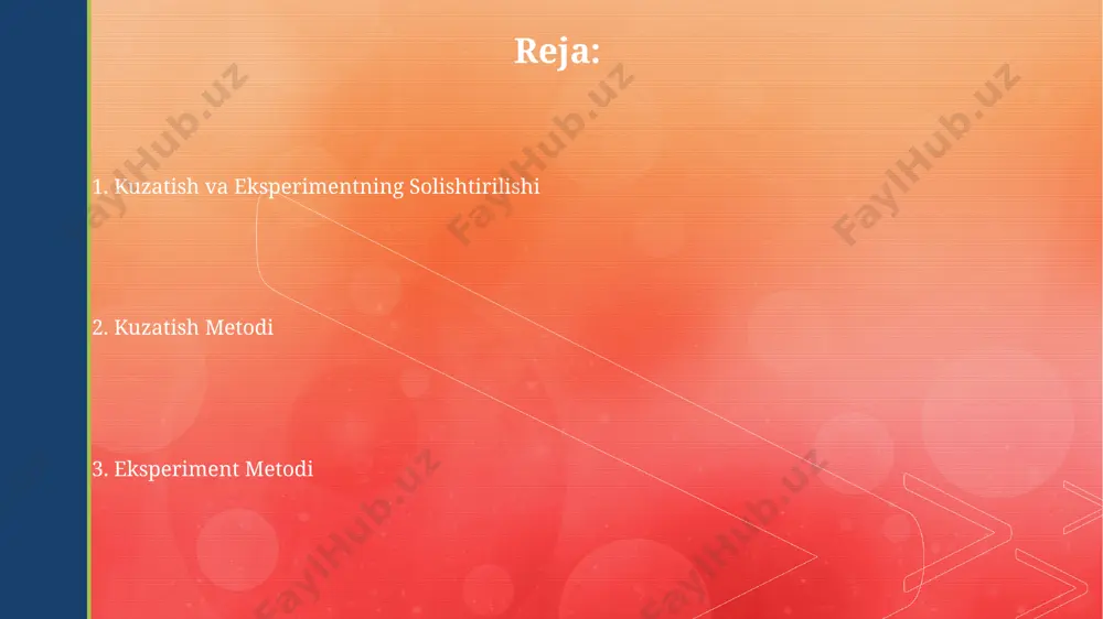 arga olib kelishi mumkin, shuning uchun eksperimentlarda katta (masalan, 100 dan ortiq ishtirokchi) namunalar ishlatish afzalroq, biroq bu resurs talabini oshiradi. eksperimentlar, masalan, bolalarning xotira qobiliyatini o'rganishda, aniq miqdoriy ma'lumotlarni (masalan, to'g'ri javoblar soni) beradi, ammo ko'plab etika masalalari va cheklashlarini hisobga olish zarur. rivojlanish psixologiyasida kuzatishning afzalliklari va kamchiliklari rivojlanish psixologiyasida tabiiy muhitda kuzatish, bolaning o‘z-o‘zini boshqarish ko‘nikmalarini, 2-5 yosh oralig‘idagi ijtimoiy munosabatlarini real vaqtda o‘rganishga imkon beradi, ammo kuzatuvchining subyektivligi xatoliklarga olib kelishi mumkin. katta guruhlardagi bolalarni kuzatish (masalan, 30 nafar bola) keng miqyosdagi rivojlanish naqshlarini aniqlashga imkon beradi, lekin har bir bolaga bag‘ishlanadigan vaqt cheklangan bo‘ladi, bu esa tafsilotlarni o‘tkazib yuborish xavfini tug‘diradi. eksperiment usuli: dizayn va o'tkazish eksperimentning ishonchliligini ta'minlash uchun, kamida 20-30 ishtirokchi namunasidan foydalanish va natijalarni statistik tahlil qilish tavsiya etiladi. mustaqil va bog'liq o'zgaruvchilarni aniqlashda ehtiyotkorlik va aniqlik muhim ahamiyatga ega, chunki eksperimentning natijasi shu o'zgaruvchilarning o'lchovlari bilan bevosita bog'liq. e'tiboringiz uchun rahmat …