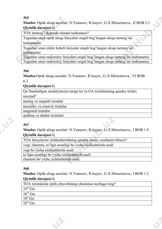 adioreley liniyalari orqali bog’langan aloqa tarmog’ini tushunamiz №6 manba:optik aloqa asoslari. n.yunusov, r.isayev, g.x.mirazimova., vi bob 6.3 qiyinlik darajasi-1; qo’llaniladigan modulyatsiya turiga ko’ra oa tizimlarining qanday turlari mavjud? analog va raqamli tizimlar maxalliy va zonaviy tizimlar magistral tizimlar qishloq va shahar tizimlari №7 manba: optik aloqa asoslari. n.yunusov, r.isayev, g.x.mirazimova., i bob 1.8 qiyinlik darajasi-1; тоа liniyalarini zichlashtirishning qanday asosiy usullarini bilasiz? vaqt, chastota, to’lqin uzunligi bo’yicha zichlashtirish usuli vaqt bo’yicha zichlashtirish usuli to’lqin uzunligi bo’yicha zichlashtirish usuli chastota bo’yicha zichlashtirish usuli №8 manba: optik aloqa asoslari. n.yunusov, r.isayev, g.x.mirazimova., i bob 1.2 qiyinlik darajasi-1; тоа tizimlarida optik eltuvchining chastotasi nechaga teng? 1014 gts 1011 gts 109 gts 1016 gts №9 manba: optik aloqa asoslari. n.yunusov, r.isayev, g.x.mirazimova., i bob 1.3 qiyinlik darajasi-1; tolali оptik uzatish tizimi bu.......majmui ma’lumotlarni masofaga optik to‘lqinlar va signallar yordamida optik tola orqali uzatuvchi passiv va aktiv qurilmalar texnik vositalar va qurilmalar signallarni qayta tiklovchi …