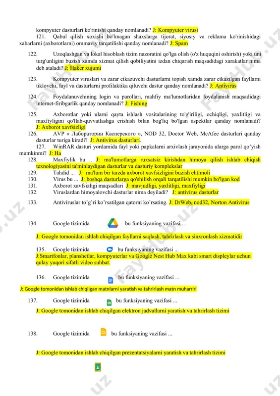 telekommunikatsiya tarmog'i 75. muayyan ma'lumotlarga ega bo'lgan shaxs uchun majburiy bo'lib, uning egasining roziligisiz bunday ma'lumotlarni uchinchi shaxslarga o'tkazmaslik talablari: j: axborotning maxfiyligi 76. axborot-telekommunikatsiya tarmog'i foydalanuvchisi tomonidan uzatiladigan yoki qabul qilinadigan ma'lumotlar: j: elektron xabar 77. jarayon, shuningdek, foydalanuvchining ba'zi majburiy parametrlarini tekshirish jarayoni va agar u muvaffaqiyatli bo'lsa, unga kirish huquqi cheklangan tizimlarda (unga ruxsat berilgan) ba'zi harakatlarni bajarish uchun ma'lum vakolatlar berish. j: avtorizatsiya 78. kompyuter tizimida aniqlashning eng oddiy usuli bu quyidagi nomga ega foydalanuvchi identifikatorini kiritishdir: j: login 79. ma'lumotlarning ochiqligini, shu jumladan internet orqali uzatiladigan ma'lumotlarning maxfiyligini ta'minlashning asosiy vositasi: j: shifrlash 80. internet-kanallar orqali ma'lumotlarni xavfsiz uzatish uchun quyidagi texnologiyadan foydalaniladi: j: vpn 81. qog'oz tashuvchisidan matnlarni kompyuter xotirasiga kiritish uchun qanday qurilmadan foydalaniladi? j: skanerlar 82. videofayl juda katta hajmga ega bo'lmasligi uchun nima qilinadi? j: maxsus siqish algoritmlaridan foydalaniladi 83. multimedia mahsulotlari bilan ishlash uchun ushbu qurilmalardan qaysi biri talab qilinmaydi: …