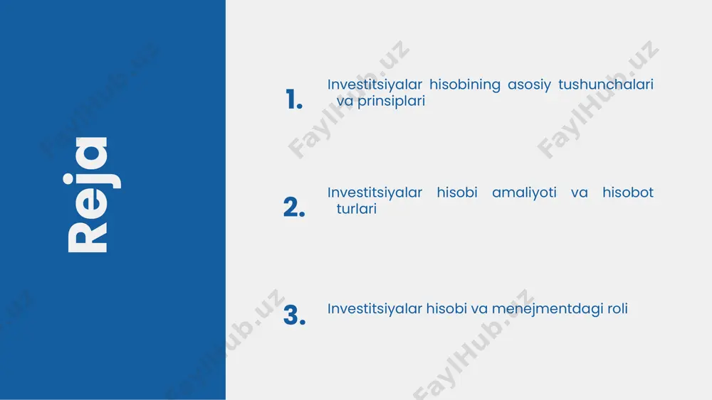 orligini baholashda yordam beradi. haqiqiy hisoblashlarda, metodlar va usullar investitsiya loyihalarining muvaffaqiyatini ta'minlash uchun qo'llaniladi, bu esa investitsiya qarorlarini asoslashda muhim ahamiyatga ega. photo by georgi kalaydzhiev on unsplash 1 2 3 hisobot turlari va ularning o'ziga xosligi investitsiyalar hisobida turli hisobotlar mavjud, masalan, moliyaviy va boshqaruv hisobotlari. ular investitsiya holatini aniqlash va qaror qabul qilishda yordam beradi. har bir hisobot turi o'zining maqsadi va foydasiga ega. moliyaviy hisobotlar xavf va rentabellikni ko'rsatadi, boshqaruv hisobotlari esa strategik qarorlar uchun muhimdir. hisobotlarni tayyorlash jarayonida aniqlik va ishonchlilik muhim. ma'lumotlarni to'g'ri yig'ish va tahlil qilish, xatoliklarni minimallashtirishga yordam beradi. investitsiyalar hisobi va menejmentdagi ahamiyati investitsiyalar hisobi va menejment o'rtasidagi bog'lanish muhimdir. bu hisobotlar menejment qarorlarida asos bo'lib, risklarni boshqarish va strategik rejalashtirishda yordam beradi. masalan, investitsiya hisobi yordamida kompaniyalar resurslarni optimal taqsimlaydi va bozor sharoitlariga mos ravishda strategiyalarni shakllantiradi. bu jarayonlar bilan investitsiyalar orqali risklarni minimallashtirish va rentabellikni oshirish mumkin. investitsiyalar hisobi …
