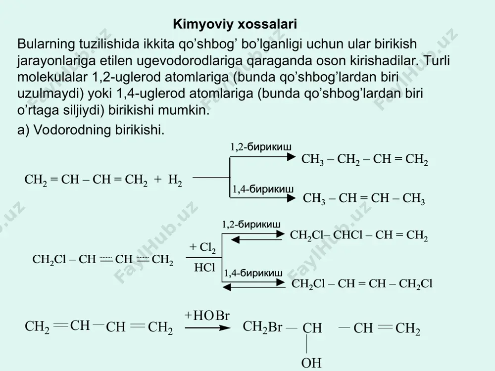+ (n-3,5)h2o b) cnhn-2+ o2 = nco2 + h2o h= n-2 / 2 = 0,5n-1 cnhn-2+ o2 = nco2 + (0,5n-1)h2o o= 2n + (0,5n-1) = 2,5n-1 /2 = 1,25n-0,5 cnhn-2+ (1,25n-0,5)o2 = nco2 + (0,5n-1)h2o 2-masala. pentadiyen-1,3 ning qanday massasi 89,3 g 2,5% li bromli suv bor idish orqali o`tkazilganda 3:2 mol nisbatda di va tetrabromli hosilalari paydo bo`ladi. 89,3g eritma ---------------- 100% eritma x= 2,2325gbr2 -------------- 2,5% br2 x = 0,68g 2,2325g 5ch2=ch-ch=ch-ch3 + 7br2 = 3ch2(br)-ch=ch-ch(br)-ch3 + 340g 1120g 2ch2(br)-ch(br)-ch(br)-ch(br)-ch3 1,4-dibrompenten-2 va 1,2,3,4-tetrabrompentan 3-masala. lebedov usuli bo`yicha 1 tonna butdiyen kauchuk olish uchun necha tonna bug`doy kerak (unum 75% bug`doyda kraxmal 40%) h2o(h+) spirtli bijg’ish degidrogidratlash polimerlanish bug’doy → kraxmal → glyukoza → etil spirt → butadiyen-1,3 → kauchuk x=2,89 tonna x= 3,21tonna x=1,64 tonna x=1 tonna 1 tonna bug’doy→(c6h10o5)n→nc6h12o6 →2c2h5oh→ch2=ch-ch=ch2→(-ch2-ch=ch-ch2-)n 162 180 92 56 56 2,89 tonna kraxmal ----------100% unum x= 2,17 tonna kraxmal ------ 75% …