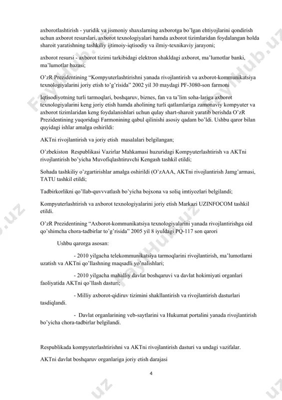 azani takomillashtirish to’g’risida (2005y.) elektron hujjat aylanishi to’g’risida (2004y.) axborot-kommunikatsiya texnologiyalarini yanada rivojlantirishga oid qo’shimcha chora-tadbirlar to’g’risida (2005y.) davlat va xo’jalik boshqaruvi, mahalliy davlat hokimiyati organlarining axborot-kommunikatsiya texnologiya-laridan foydalangan holda yuridik va jismoniy shaxslar bilan o’zaro aloqadorligini yanada takomillashtirish chora-tadbirlari to’g’risida (2007y.) elektron tijorat to’g’risida (2004y.) o’zbekiston respublikasi-ning jamoat ta’lim axborot tarmog’ini tashkil etish to’g’risida (2005y.) internet tarmog’ida o’zbekiston respublikasining hukumat portalini yanada rivojlantirish chora-tadbirlari to’g’risida (2007y.) elektron to’lovlar to’g’risida (2005y.) respublika aholisini axborot-kutubxona bilan ta’minlashni tashkil etish to’g’risida (2006y.) internet tarmog’ida o’zbekiston respublikasining hukumat portaliga axborotlarni taqdim etish va joylash-tirish tartibi to’g’risida (2009y.) axborotlashtirish to’g’risidagi qonun maqsadi axborotlashtirish, axborot resurslari va axborot tizimlaridan foydalanish sohasidagi munosabatlarni tartibga solishdan iborat. axborotlashtirish - yuridik va jismoniy shaxslarning axborotga bo’lgan ehtiyojlarini qondirish uchun axborot resurslari, axborot texnologiyalari hamda axborot tizimlaridan foydalangan holda sharoit yaratishning tashkiliy ijtimoiy-iqtisodiy va ilmiy-texnikaviy jarayoni; axborot resursi - axborot tizimi tarkibidagi elektron shakldagi axborot, ma’lumotlar banki, ma’lumotlar bazasi; …