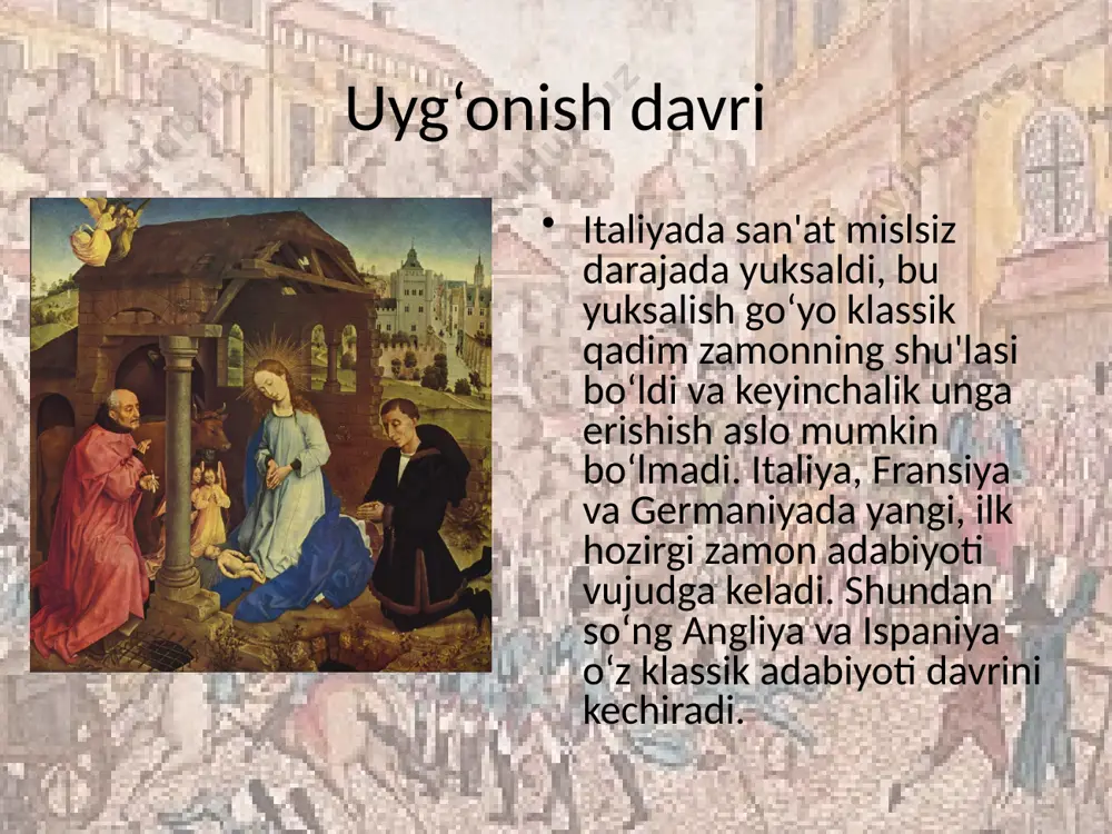 hta yo`nalish mavjud edi va ular quyidagilardir: 1. xalq adabiyoti. 2. diniy – cherkov adabiyoti. 3. feodal – ritsar’ adabiyoti. uyg‘onish davri uyg‘onish davrining muhim xususiyatlari-inson shaxsini ulug‘lash, kishi ongini din sarqitlaridan tozalash, tabiat va jamiyatni esa inson manfaatlariga xizmat ettirishda aks etadi. uyg‘onish davrining muhim xususiyatlaridan yana biri antik madaniyatga munosabat masalasida namoyon bo‘ladi. gumanistlar antik davrga qaytish maqsadida emas, o‘zlarining ilg‘or fikrlarini asoslash va kelajakka ishonch bilan qadam tashlash uchun uzoq o‘tmishning ulug‘ siymolari ijodiga murojaat qiladilar. ular rim va grek adabiyoti janrlarining turli uslub shakllarigagina emas, balki ularning tarixiy manbalari, g‘oyaviy mazmuniga ham diqqat etadilar. italyan olimi va yozuvchilari, shu jumladan birinchi gumanist bokkachcho unutib yuborigan qadimgi qo‘lyozmalarni qidirib topishga kirishdadi. uyg‘onish davri konstantinopol yemirilganidan (xy asr) so‘ng u yerdan qochgan grek olimlari italiyaga juda ko‘p noyob antik qo‘lyozmalarni keltirganlar. xy asrning ikkinchi yarmidan boshlab grek va rim shoirlari vergeliy va gomer poemalari, aristotel va platonning asarlari …