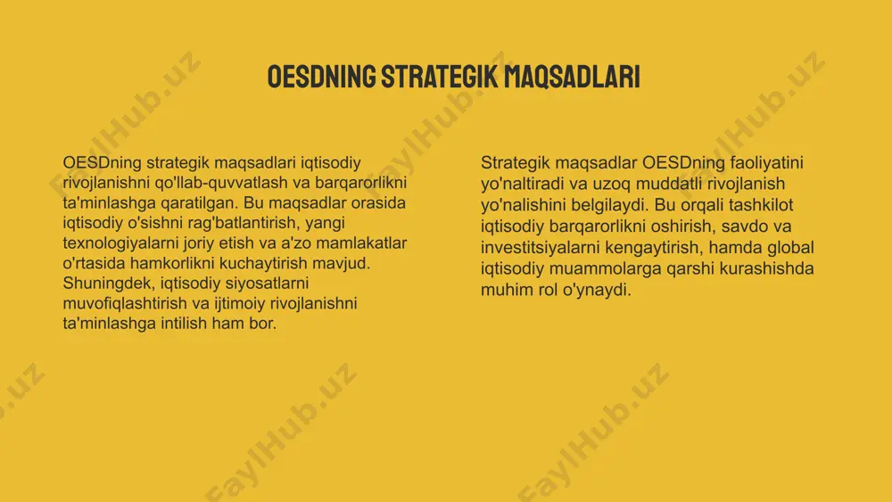 ihalarini muvaffaqiyatli amalga oshirishga xizmat qiladi. bu xizmatlar a’zolarning strategik maqsadlariga erishishda muhim omil bo‘lib, ularning global iqtisodiy o‘zgarishlarga moslashuvchanligini oshiradi. oesd maslahat xizmatlari oesd rivojlantirish imkoniyatlari oesdning rivojlantirish imkoniyatlari uning dasturlari va loyihalariga bog'liq bo'lib, bu tashkilotning iqtisodiy hamkorlikni kengaytirish va rivojlantirishga qaratilgan harakatlarini o'z ichiga oladi. bu imkoniyatlar yangi texnologiyalar, iqtisodiy siyosatlarni takomillashtirish va a'zolarga moslashtirilgan xizmatlar orqali kengaytiriladi. yangi imkoniyatlar yaratish uchun oesd a'zolar bilan hamkorlikni kuchaytiradi, innovatsion loyihalarni amalga oshiradi va iqtisodiy rivojlanishni stimulyatsiya qiladigan dasturlarni ishlab chiqadi. bu esa mamlakatlarning iqtisodiy barqarorligini ta'minlash va global iqtisodiy jarayonlarga integratsiyani oshirishga xizmat qiladi. oesdning iqtisodiy hamkorlikdagi roli savdo va investitsiyalar rivoji oesd a'zolari orasida savdo hajmini oshirish va investitsiyalarni jalb qilish uchun qator mexanizmlar va tashabbuslar ishlab chiqadi. bu, o'z navbatida, iqtisodiy o'sish va raqobatbardoshlikni kuchaytiradi. a'zolar o'rtasidagi hamkorlik imkoniyatlari tashkilot a'zolari o'rtasida hamkorlikni mustahkamlash uchun loyiha va dasturlarni qo'llab-quvvatlaydi, shuningdek, savdo va investitsiya siyosatlarini muvofiqlashtirishga yordam …