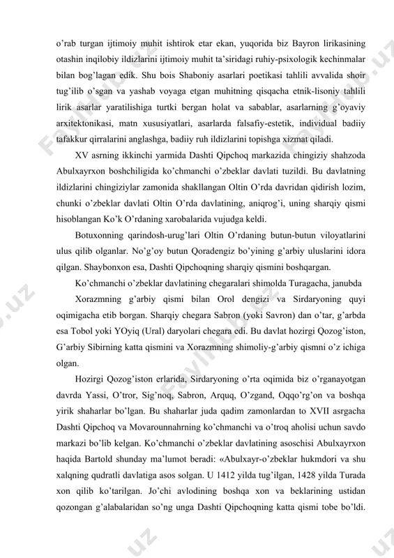 ton erlarida, sirdaryoning o’rta oqimida biz o’rganayotgan davrda yassi, o’tror, sig’noq, sabron, arquq, o’zgand, oqqo’rg’on va boshqa yirik shaharlar bo’lgan. bu shaharlar juda qadim zamonlardan to xvii asrgacha dashti qipchoq va movarounnahrning ko’chmanchi va o’troq aholisi uchun savdo markazi bo’lib kelgan. ko’chmanchi o’zbeklar davlatining asoschisi abulxayrxon haqida bartold shunday ma’lumot beradi: «abulxayr-o’zbeklar hukmdori va shu xalqning qudratli davlatiga asos solgan. u 1412 yilda tug’ilgan, 1428 yilda turada xon qilib ko’tarilgan. jo’chi avlodining boshqa xon va beklarining ustidan qozongan g’alabalaridan so’ng unga dashti qipchoqning katta qismi tobe bo’ldi. 1430-1431 yillarda u xorazmning urganchga qadar bo’lgan qismini egallab oldi. 1447 yilda abulxayrxon sig’noq, arquq, oqqo’rg’on va o’zgand qal’alarini egallagan holda sirdaryoning quyi va o’rta qismida mustahkam o’rnashib oldi. 1451-1452 yilda abulxayrxon samarqandga abusaid mirzoning chaqirig’i bilan keldi. u 1460-61 yillarda u abusaid mirzoga qarshi kurashayotgan muhammad jo’qiga yordam berdi. 1457 yilda abulxayrxon qudratiga qalmiqlar tomonidan kuchli zarba berildi. 1465-1466 yilda o’zbeklar orasida …
