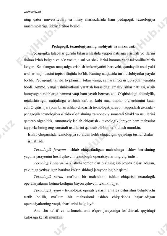 sh vositalari yordamida muayyan sharoitlarda ta`sir ko`rsatishi va bu faoliyat mahsuli sifatida ularda oldindan belgilangan shaxs sifatlarini intensiv shakllantirish jarayonidir. pedagogik texnologiya - o`quv jarayonini texnologiyalashtirishni butunligicha aniqlovchi tizimli kategoriya. pedagogik nashrlarda «o`qitish texnologiyasi», «ta`lim texnologiyasi» tushunchalari ham ishlatiladi. o`qitish texnologiyasi- birinchidan, pedagogik texnologiyaning jarayonli- harakat aspektini anglatadi. bu, ta`lim jarayonini o`zgaruvchan sharoitlarda, ajratilgan vaqt davomida istiqbollashtirilgan natijalariga kafolatli erishishga va konkret ta`lim-tarbiya jarayonlarini amalga oshirishni instrumental ta`minlovchi usul va vositalar (texnologik operatsiya)larning tartibli birligini o`zida mujassamlashtirgan ta`lim modelini ishlab chiqish va amalga oshirishning texnologik jarayoni; ikkinchidan, pedagogik texnologiyaning jarayonli- bayonli aspektini ifodalaydi. bu maqsadni amalga oshirish va istiqbolda belgilangan natijalarga erishish bo`yicha pedagogik hamda o`quv faoliyatini loyihasini bajarishning bayonidir (texnologik xarita). ta`lim texnologiyasi- pedagogik texnologiyaning ilmiy aspektini belgilash uchun ishlatiladi. bu texnik va inson resurslarini hamda ularni o`z oldiga ta`lim shakllarini optimallashtirish vazifasini qo`yuvchi hamkorligini hisobga olgan holda dars berish va bilimlarni o`uzlashtirishning barcha jarayonlarini yaratish, qo`llash va belgilashning …