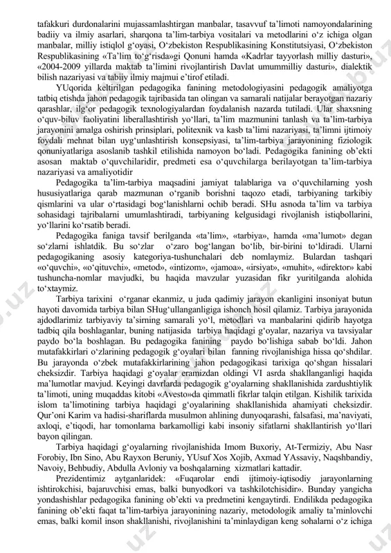 a: eramizdan oldingi iii–i asrlarda qadimgi yunonistonda quldorlarni bolasini ovqatlantiradigan, sayrga olib boradigan, tabiat quynida o‘ynatuvchi tarbiyachi – qullarni pedagog» deb atashgan. bugungi kunda kelib pedagog so‘zi keng qamrovli yangicha kasb ma’no etgan. pedagogikaning yana bir tugunchalardan biri «didaktika» so‘zidir. kadimgi yunonistonda quldorlarning bolasiga maktabga ta’lim beruvchi didaskal deb atashgan didaktika – yunoncha didaktikos so‘zidan olingan bo‘lib o‘qitish o‘rgatish bilim berish ma’nolarini anglatadi pedagogika fanining didaktika – ta’lim nazariyasi qismi xuddi shu qadimiy va yunoncha o‘qitovchi nomi bilan atalishi bejiz emas. qadimgi yunonlar o‘qitish faoliyatiga nisbatan o‘qituvchi o‘rnida didastal o‘quvchiga nisbatan didaskali atamalarini ashlatishgan. ammo didaktiko termining o‘zining dastlabki ma’nosida ancha uzoqlashgan. hozir bu tushunchalarning hajmi va mazmuni ancha boyigan va kengaygan bo‘lib, u faqat o‘qituvchining faoliyatini emas, shu bilan birga o‘quvchining faoliyatini ham o‘z ichiga qamrab olgan. pedagogika faniga tavsif berilganda «ta’lim», «tarbiya», «ma’lumot», «shaxs», «rivojlanish», «shakllanish» so‘zlari ishlatiladi (7-chizma). bu so‘zlar o‘zaro boglangan bo‘lib, bir-birini to‘ldiradi. ular pedagogikaning …