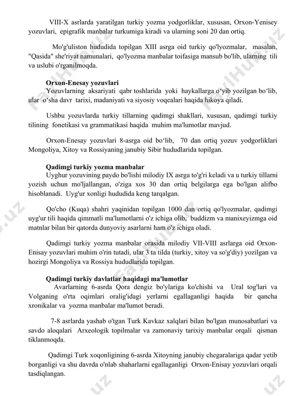 a ega. viii-x asrlarda yaratilgan turkiy yozma yodgorliklar, xususan, orxon-yenisey yozuvlari, epigrafik manbalar turkumiga kiradi va ularning soni 20 dan ortiq. mo'g'uliston hududida topilgan xiii asrga oid turkiy qo'lyozmalar, masalan, "qasida" she'riyat namunalari, qo'lyozma manbalar toifasiga mansub bo'lib, ularning tili va uslubi o'rganilmoqda. orxon-enesay yozuvlari yozuvlarning aksariyati qabr toshlarida yoki haykallarga oʻyib yozilgan boʻlib, ular oʻsha davr tarixi, madaniyati va siyosiy voqealari haqida hikoya qiladi. ushbu yozuvlarda turkiy tillarning qadimgi shakllari, xususan, qadimgi turkiy tilining fonetikasi va grammatikasi haqida muhim ma'lumotlar mavjud. orxon-enesay yozuvlari 8-asrga oid boʻlib, 70 dan ortiq yozuv yodgorliklari mongoliya, xitoy va rossiyaning janubiy sibir hududlarida topilgan. qadimgi turkiy yozma manbalar uyghur yozuvining paydo bo'lishi milodiy ix asrga to'g'ri keladi va u turkiy tillarni yozish uchun mo'ljallangan, o'ziga xos 30 dan ortiq belgilarga ega bo'lgan alifbo hisoblanadi. uyg'ur xonligi hududida keng tarqalgan. qo'cho (kuqa) shahri yaqinidan topilgan 1000 dan ortiq qo'lyozmalar, qadimgi uyg'ur tili haqida qimmatli ma'lumotlarni …