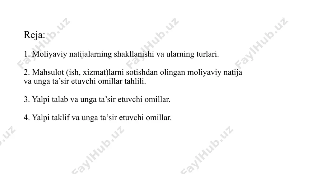 uningdek, xo‘jalik yurituvchi subyektning moliyaviy hisobotini tuzish uchun uning faoliyati moliyaviy natijalarini (foyda yoki zararni) aniqlashga yo‘naltirilgan. xo‘jalik yurituvchi subyekt faoliyatining moliyaviy natijalari foydaning quyidagi ko‘rsatkichlari bilan tavsiflanadi: mahsulotni sotishdan olingan yalpi foyda, bu sotishdan olingan sof tushum bilan sotilgan mahsulotning ishlab chiqarish tannarxi o‘rtasidagi tafovut sifatida aniqlanadi: yaf=sst-it bunda, yaf - yalpi foyda; sst- sotishdan olingan sof tushum; it - sotilgan mahsulotning ishlab chiqarish tannarxi. asosiy faoliyatdan ko‘rilgan foyda, bu mahsulotni sotishdan olingan yalpi foyda bilan davr xarajatlari o‘rtasidagi tafovut, va plyus asosiy faoliyatdan ko‘rilgan boshqa daromadlar yoki minus boshqa zararlar sifatida aniqlanadi: aff = yaf-dx+bd-bz bunda, aff-asosiy faoliyatdan olingan foyda; dx-davr xarajatlari; bd-asosiy faoliyatdan olingan boshqa daromadlar; bz-asosiy faoliyatdan ko‘rilgan boshqa zararlar; xo‘jalik faoliyatidan olingan foyda (yoki zarar). bu asosiy faoliyatdan olingan foyda summasi plyus moliyaviy faoliyatdan ko‘rilgan daromadlar va minus zararlar sifatida hisoblab chiqiladi: uf=aff+md-mx bunda, uf - umumxo‘jalik faoliyatidan olingan foyda; md - moliyaviy faoliyatdan olingan …