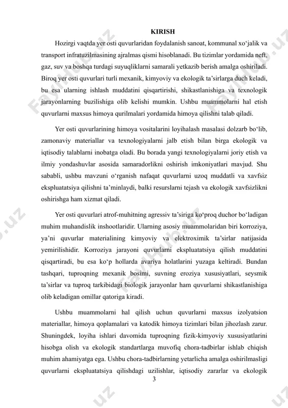 eladigan omillar qatoriga kiradi. ushbu muammolarni hal qilish uchun quvurlarni maxsus izolyatsion materiallar, himoya qoplamalari va katodik himoya tizimlari bilan jihozlash zarur. shuningdek, loyiha ishlari davomida tuproqning fizik-kimyoviy xususiyatlarini hisobga olish va ekologik standartlarga muvofiq chora-tadbirlar ishlab chiqish muhim ahamiyatga ega. ushbu chora-tadbirlarning yetarlicha amalga oshirilmasligi quvurlarni ekspluatatsiya qilishdagi uzilishlar, iqtisodiy zararlar va ekologik xavflarga olib keladi. shu bois, quvurlarni samarali himoya qilish tizimlarini loyihalash nafaqat texnologik, balki strategik masala sifatida qaraladi. i. asosiy qism 1.1. yer osti quvurlardagi korroziya va uning turlari korroziya metall materiallarning atrof-muhitning kimyoviy yoki elektrokimyoviy ta’siri natijasida yemirilish jarayonidir. ushbu jarayon yer osti quvurlarining mexanik mustahkamligi va ekspluatatsion xususiyatlarini sezilarli darajada pasaytiradi, bu esa uzoq muddatli ishlashda turli avariya holatlariga olib kelishi mumkin. korroziya jarayoni ikki asosiy turga bo‘linadi: kimyoviy va elektrokimyoviy korroziya. kimyoviy korroziya atmosfera gazlari, suv bug‘lari yoki boshqa kimyoviy moddalar bilan to‘g‘ridan-to‘g‘ri reaksiyalar natijasida sodir bo‘ladi. masalan, kislorod bilan reaktsiya natijasida metall …