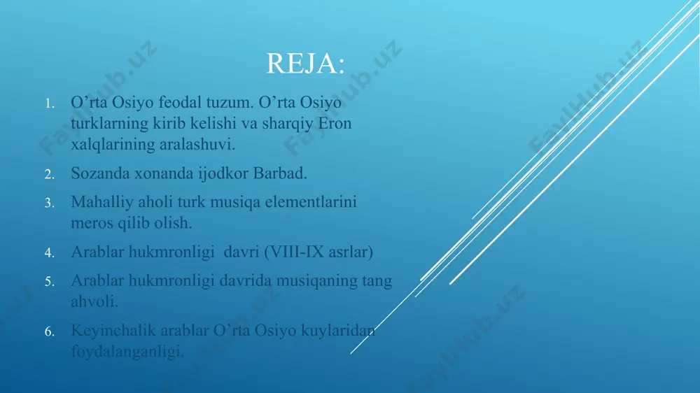 anistondagi hozirgi mari) shahrida istiqomat qilgan barbad vii asr boshlarida eron sosoniylari sulolasidan bo’lgan xisrav saroyida xizmat qiladi. tarixchilar bergan ma’lumotlardan ma’lumki, barbad madhiya va tarixiy qo’shiqlar, harbiy g’alabalar to’g’risidagi qo’shiqlarni ijod etgan. ozarbayjon adabiyotining mumtoz shoiri nizomiy “xisrav va shirin” dostonida barbadning san’at shinavandalariga favqulodda kuchli ta’siri to’g’risida yozgan. tasviriy san’atning ko’p sonli obidalari mazkur davrning qurollari va muzika ishtirokidagi urf-odatlari to’g’risida ma’lumot beradi. qadimgi panjikentdan topilgan yorqin naqshlar ana shular jumlasidandir. unda ikki tomonli nog’ora va doira jo’rligida raqsli sahna, sopol idishda dafn marosimida ayol kishining marosim raqsini ijro etib turgan payti gavdalantirilgan yorqin tasvir uchraydi. kumush laganga ov manzarasi, ashula va raqs ishtirokidagi ziyofat naqshlangan. 3. mahalliy aholi turk musiqa elementlarini meros qilib olishi. mahalliy aholi turklar musiqa hayotining ba’zi elementlarini meros qilib olganlar. keyinchalik “ kitobi ko’rqut” majmuasiga kirgan ko’pgina epik turk afsonalari o’rta osiyo xalqlarida eposning (bo’lib o’tgan voqeani hikoya tarzida bayon qiladigan badiiy adabiyot …