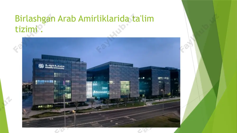 nstitute of science & technology (masdar fan va texnologiya instituti). bundan tashqari, amirlikda aqsh, buyuk britaniya, avstraliya, shveytsariya, belgiya universitetlarining 30 dan ortiq kampuslari mavjud. ularning aksariyati erkin iqtisodiy zonalar-knowledge village (knowledge village) va dubay international academic city (dubay xalqaro akademik shahar) da joylashgan. ta’lim 80 dan ortiq mutaxassisliklardan iborat bo’lib, eng katta tanlov moliya va bank, turizm va mehmonxona biznesi, arxitektura va axborot texnologiyalari yo’nalishlari bo’yicha. birlashgan arab amirliklarining xususiy universitetlarida o’qish barcha talabalar uchun – chet elliklar va mamlakat aholisi uchun pullik va ta’lim shakli faqat to’liq vaqtda mavjud. dunyo bo’ylab eng mashhur ta’lim muassasalarining filiallari: • parij sorbonne universiteti (sorbonne); • new york university (nyu-york universiteti); • johns hopkins’ bloomberg school of public health (jon xopkins universitetining bloomberg tibbiyot maktabi); • university of washington (vashington universiteti); • boston university (boston universiteti); • rochester institute of technology (rochester texnologik instituti); • heriot-watt university (heriot-vatt universiteti ushbu universitetlarda o’qish …