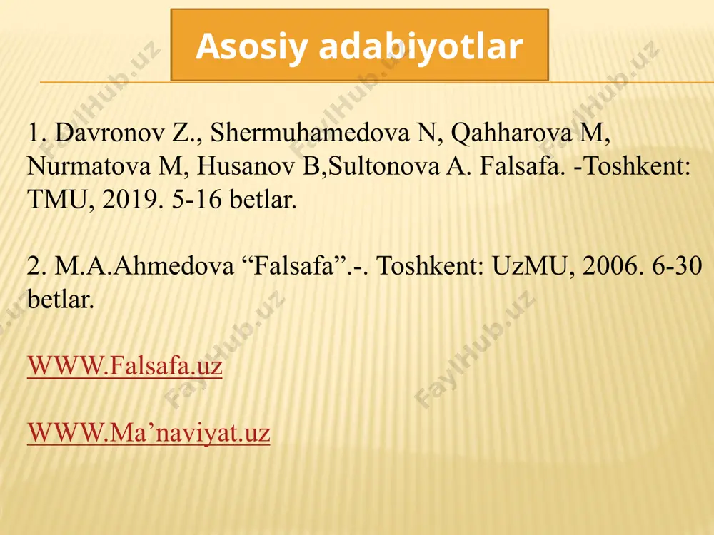 daniy dunyoqarashning tuzilishi dunyoni idrok etish-bu atrof borliqni ideal obrazlarda tasavvur qilishdir dunyoni sezish– bu o‘zini qurshagan dunyoni sezgilar yordamida hissiy idrok etishdir dunyoni tushunish- insonning va uni qurshagan dunyoning mohiyatini aniqlash, shuningdek tabiatda yuz beruvchi voqea va jarayonlarning o‘zaro aloqalarini tushunishga qaratilgan aqliy-bilish faoliyatidir. 1: mifologik dunyoqarash 2: diniy dunyoqarash 3: falsafiy dunyoqarash dunyoqarashning tarixiy shakllari ijtimoiy taraqqiyotning boshlang‘ich bosqichiga xos bo‘lgan insonning olam haqidagi tasavvurlarini obrazlarda, naql, rivoyat va afsonalar orqali ifodalanishidir. mifologiya bu g‘ayritabiiy kuchlarning real mavjudligiga ishonishga asoslangan, voqelikni xayoliy obrazlarda, tasavvurlar va tushunchalarda aks ettiruvchi olamning fantastik manzarasini yaratuvchi ilmiy bo‘lmagan qarashlardan iborat dunyoqarashning o‘ziga xos shaklidir. diniy dunyoqarash 21 falsafiy dunyoqarash kundalik faoliyat, dunyoviy, diniy, ilmiy bilimlar, hayotiy kuzatishlar va ijtimoiy tarbiya ta’sirida shakllanadi hamda rivojlanadi. falsafiy dunyoqarash mifologik va diniy dunyoqarashdan farqli o‘laroq, dunyoni sof ilmiy tushuntiruvchi nazariy qarashlar sistemasidir. dunyoni, aqliy jihatidan mantiqiy, izchil, umumlashtirib turuvchi nazariy qarashlar tizimidir falsafiy dunyoqarash falsafa …