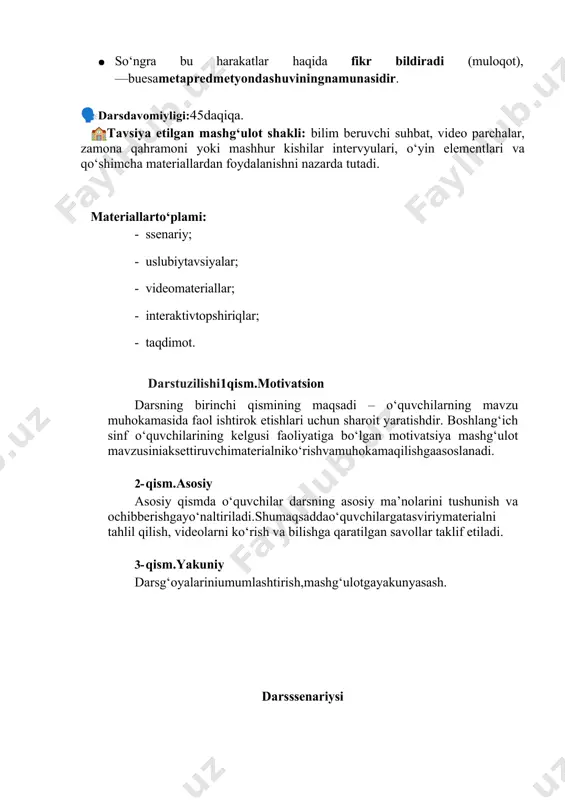 mashg‘ulot shakli: bilim beruvchi suhbat, video parchalar, zamona qahramoni yoki mashhur kishilar intervyulari, o‘yin elementlari va qo‘shimcha materiallardan foydalanishni nazarda tutadi. materiallarto‘plami: · ssenariy; · uslubiytavsiyalar; · videomateriallar; · interaktivtopshiriqlar; · taqdimot. darstuzilishi1qism.motivatsion darsning birinchi qismining maqsadi – o‘quvchilarning mavzu muhokamasida faol ishtirok etishlari uchun sharoit yaratishdir. boshlang‘ich sinf o‘quvchilarining kelgusi faoliyatiga bo‘lgan motivatsiya mashg‘ulot mavzusiniaksettiruvchimaterialniko‘rishvamuhokamaqilishgaasoslanadi. 2- qism.asosiy asosiy qismda o‘quvchilar darsning asosiy ma’nolarini tushunish va ochibberishgayo‘naltiriladi.shumaqsaddao‘quvchilargatasviriymaterialni tahlil qilish, videolarni ko‘rish va bilishga qaratilgan savollar taklif etiladi. 3- qism.yakuniy darsg‘oyalariniumumlashtirish,mashg‘ulotgayakunyasash. darsssenariysi dastlabki10daqiqadamavzuningsiyosiy-ijtimoiyahamiyati,davlatrahbaritomonidanayni mavzuga oid amalga oshirilayotgan sa’y-harakatlar bayon etiladi (prezentatsiya). 1. kirish.motivatsionqism(10daqiqa) oʻqituvchi:aziz oʻquvchilar! hammamiz oʻz uylarimizda yashaymiz. uyimizdaota-onamizbor,ularbizgamehrberadi,bizniavaylab-asraydilar.bizoʻz uyimizdatinch,erkin,xursandyashaymiz.endibirtasavvurqilibkoʻraylik:birkuni uyimizgabegonaodamlarsoʻramasdankiribkelib,“endibuuybizniki.bizsizlarga xoʻjayinmiz. bundan keyin sizlar biz aytgandek yashaysiz, biz nima desak, shuni qilasiz”, deyishsa, siz qanday ahvolga tushasiz? mana shu holat, yaʼni birovning yurtini zoʻrlik bilan bosib olish mustamlakalik deganidir. bir davlat boshqa bir davlatni bosib olib, u yerda yashaydigan odamlarga oʻz qonunlarini, oʻz tilini, oʻz urf-odatini majburan oʻrgatadi.bechora xalqoʻzinierkinhisqilmaydi. …