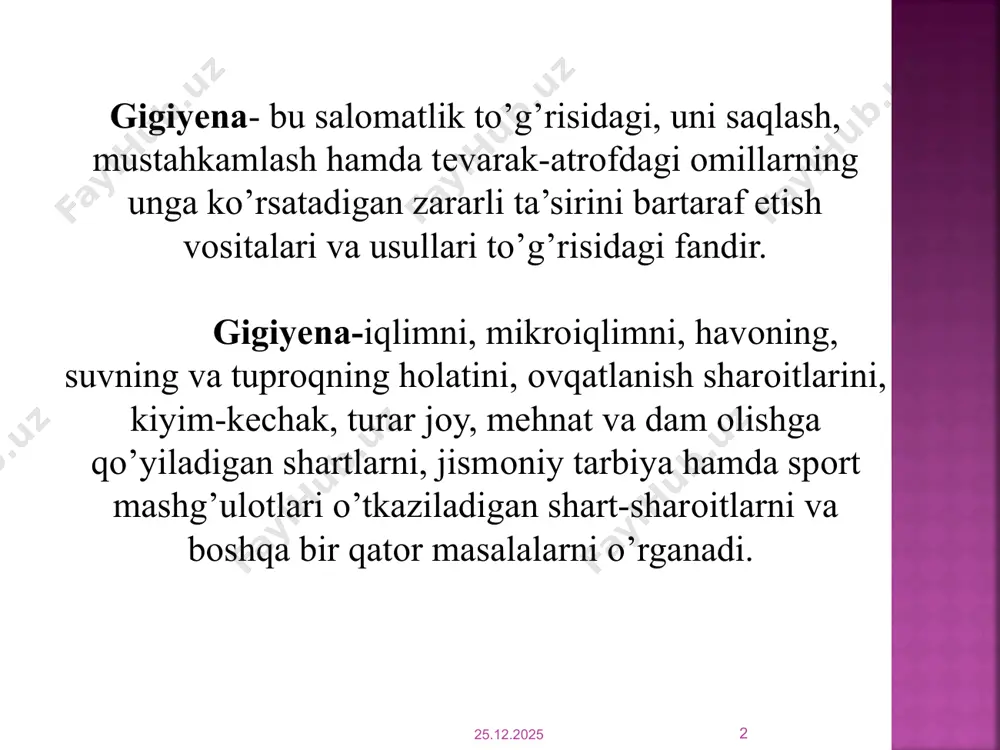rini tanlash va qurish, har xil o‘simlik va hayvon mahsulotlaridan ovqat tayyorlash, -ovqatlanish tartibi, -badanni toza tutish, -mehnat qilish, -dam olish -uyqu tartibi, yuqumli kasalliklar tarqalishining oldini olish, -yuqumli kasallik bilan og‘rigan bemorlarni ajratib qo‘yish, -ularning buyumlarini yoqib yuborish, -murdalarni ko‘mish va boshqalarga turmush tajribalari asosida amal qilingan empirik usulda to‘plangan gigiyenik ma’lumotlarni birinchi bo‘lib tibbiyot asoschilaridan biri gippokrat jamlagan. qadimgi yunonistonning buyuk tabibi gippokrat (miloddan avvalgi 460 – 477- yillar) gigiyena masalalariga bag‘ishlangan: «sog‘lom turmush ma’romi to‘g‘risida», «havo, suv va joylar to‘g‘risida» deb nomlangan asarlarida tashqi muhitning odam salomatligiga ta’sir qilish omillari, hamda shu omillarning kasalliklarga nechog‘li aloqadorligi to‘g‘risidagi o‘z kuzatuvlari va nazariy mulohazalarini bayon qilgan. u o‘z shogirdlariga qarata shunday degan “sen kasalni davolamoqchi bo‘lsang, birinchi navbatda unga ta’sir qilib turuvchi tashqi muxit omilini bartaraf et”. 17.06.2024 5 gippokratdan so‘ng buyuk allomalar qatoriga abu ali ibn sino (980 - 1037) – evropada avitsena nomi bilan mashhur, jahon madaniyatiga …