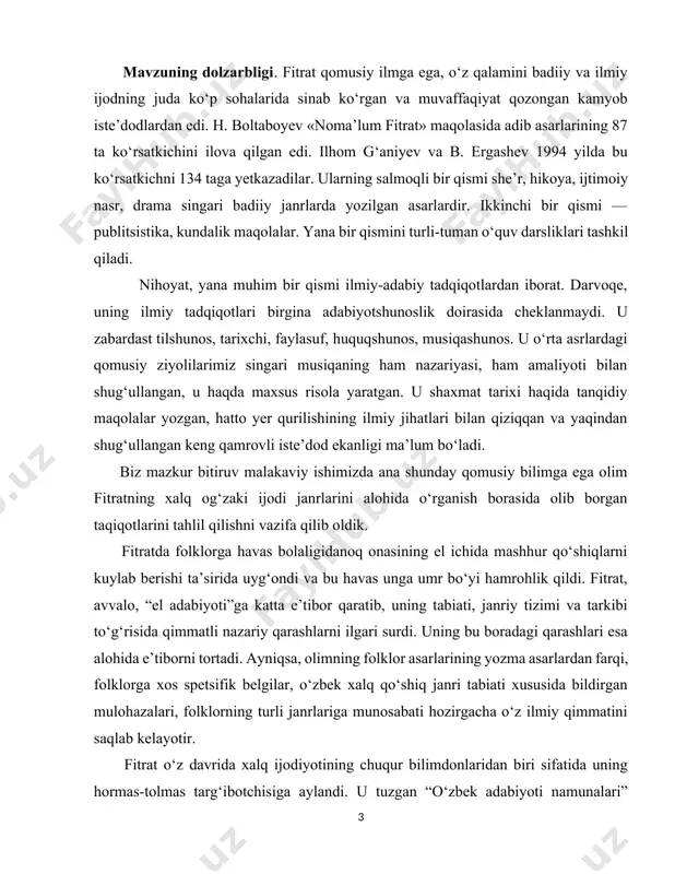 ishimiz mavzusining dolzarbligini ko‘rsatadi. bmining maqsad va vazifalari. abdurauf fitratning folklorga oid qarashlarini va estetik munosabatini o‘rganishdan iborat. - olimning adabiyotshunos olim sifatida mumtoz adabiyot an’analarini tadqiqotchisi ekanligini o‘rganish; - fitratning “el adabiyoti”, ya’ni o‘zbek folklori, tabiati, o‘ziga xos xususiyatlari hamda uning janriy tizimi va tarkibi haqida bildirgan ilmiy qarashlarini o‘rganish; - fitratning xalq poetik ijodining ertak va doston janrlariga munosabatini tadqiq etish; - olimning xalq og‘zaki ijodining ashula va lapar janrlariga oid nazariy qarashlarini tahlil qilish; - fitratning xalq ijodi an’analaridan o‘z ijodida foydalanish mahoratini aniqlash; mavzuning o‘rganilish darajasi. abdurauf fitratning o‘zbek adabiyotshunosligi, adabiy tanqidchiligi, dramaturgiyadagi mahorati, ijtimoiy-huquqiy, pedagogik qarashlari, tilshunoslik merosini o‘rganish sohasida qator salmoqli doktorlik va nomzodlik dissertatsiyalari yoqlangan, ilmiy-adabiy va ijtimoiy faoliyatini o‘rganishda vatanimiz sarhadlaridan tashqarilarda ham birmuncha tadqiqotlar yaratilgan. lekin har to‘kisda bir kemtiklik bor deganlaridek, shular qatorida fitratning folklorshunoslik faoliyati hamda folklordan o‘z ijodida badiiy-estetik maqsadda foydalanish mahorati, asarlaridagi folklorizmlar tabiati va vazifalarini o‘rganishga …