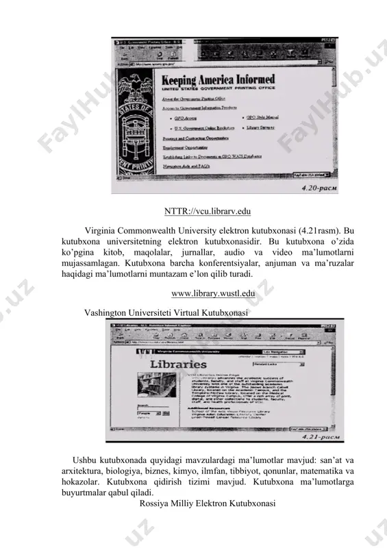 alanish mumkin. kutubxona rossiyadagi eng yirik ommaviy siyosiy va yangiliklar serveri xisoblanadi. moliyaviy informatsiyalar agentligi virtual kutubxonasi. 2000 yilda yevrosiyo fondining moliyaviy ko’magi yordamida tashkil etildi. virtual kutubxona biznes jurnalistlar va ommaviy informatsiya vositalari mutaxassislarini informatsiya bilan ta’minlash uchun yaratilgan. kutubxona informatsiyani olish, yig’ish va uzatish uchun zamonaviy kompyuter va informatsion vositalar bilan ta’minlangan. virtual kutubxona zamonaviy usullarda informatsiya tarqatadi. virtual kutubxona kitobxonlarga respublikamizda va horijda yuz berayotgan zamonaviy texnologiyalar, hamda iqtisodiy jarayonlar haqida ma’lumotlar olish uchun maxsus to’plamlar yaratilgan. internetda elektron ish birjalari mavjud. elektron birja yordamida o’zingizga ish yoki ishchi topishingiz mumkin. buning uchun maxsus elektron birja sahifalari mavjud. odatda o’zingizga mos ish topish uchun gazetalardagi e’lonlardan foydalanasiz, yoki korxonalarga va mehnat birjalariga borasiz. bunda son­sanoqsiz e’lonlarni o’qib va tahlil qilib o’zingizga mosini topishga harakat qilasiz. undan keyin topilgan manzilga qo’ng’iroq qilasiz. uchrashuvga borasiz, o’zingizni tanishtirasiz. bu jarayon ish beruvchi va ish qidiruvchidan anchagina harakat va vaqt talab …