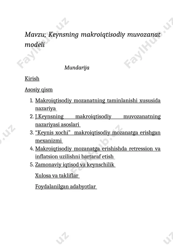 an xarajatlar chizigi xakikiy va rejalashtirilgan xarajatlar bir-biriga teng bo`lgan (y=e) chizikni kaysidir a nuktada kesib o`tadi. kuyida keltirilgan 14-chizmada tovarlar va xizmatlar bozorida kiska muddatli muvozanatga erishish mexanizmi tasvirlangan bo`lib, u “keyns xochi” nomini olgan. y=e chizikda xakikiy investitsiyalar va jamgarmalar tengligi saklanadi. a nuktada esa daromadlar rejalashtirilgan xarajatlarga teng bo`ladi. shuningdek, bu erda rejalashtirilgan xamda xakikiy investitsiyalarning o`zaro tengligiga erishiladi. ya`ni, makroiktisodiy muvozanat ta`minlanadi. agarda, ishlab chikarishning xakikiy xajmi (y1) uning muvozanat darajasi(y0)dan ko`p bo`lsa, iste`molchilar maxsulotlarni ishlab chikaruvchilar taklif kilganga nisbatan kam sotib oladi (adas) ko`ramiz. talabning oshishi esa firmalar zaxirasining kamayishi xisobiga kondiriladi. natijada, yamm asta sekin y2 dan y0 ga karab o`sadi va yana ad=as tengligiga erishiladi. bu esa ayni paytda e=y va i=s ayniyatlarga erishilganligini anglatadi. milliy ishlab chikarishning muvozanat xolati (y0), yalpi xarajatlar komponentlarining xar birining (iste`mol, investitsiya, davlat xarajatlari yoki sof eksport) o`zgarishi natijasida r s r i i,s 14-chizma. keyns xochi …