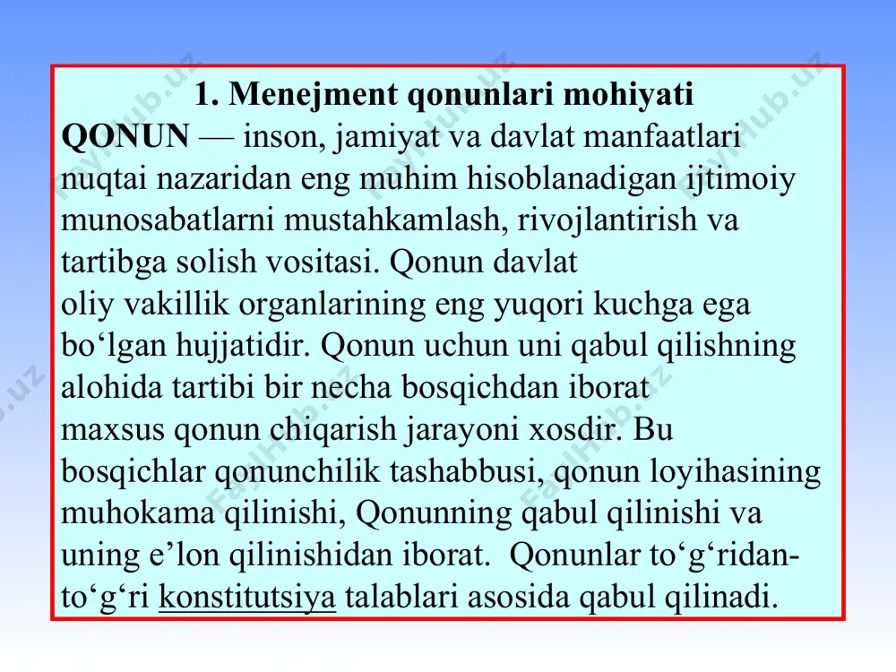 halik ortadi. iqtisodiy qonunlar tizimidan foydalanishning asosiy unsurlari va bosqichlari quyidagi sxemada aks ettirilgan: iqtisodiy qonunlar tizimi iqtisodiy qonunlarni bilish maqsadlarni belgilash va ularga erishish yo‘llarini aniqlash qaror qabul qilish xo‘jalik faoliyatini tashkil etish ko‘rsatilgan sxemani tahlil etish jarayonida uchta o‘zaro bog‘liq va ketma-ket, iqtisodiy qonunlar tizimidan foydalanilgan holda yechiladigan masalalarni ko‘rib o‘tish zarur: mavjud qonunlarni, ularning u yoki bu bosqichda namoyon bo‘lish xususiyatlarini hisobga olgan holda chuqur va har tomonlama bilish; iqtisodiy va ijtimoiy rivojlanish maqsadlarini belgilash va ularni hal etish yo‘llarini aniqlash; xo‘jalik yuritishning hozirgi raqamli iqtisodiyoti sharoitida rivojlantirish va unga mos shakl va uslublarini qo‘llash. umumfalsafiy qonunlar bu avvalo quyidagi materialistik dialektika qonunlaridir: miqdor o‘zgarishlarining sifat o‘zgarishlariga o‘tish qonuni; qarama-karshiliklar birligi va ko‘rashi qonuni; inkorni inkor etish qonuni; ijtimoiy borlikning ijtimoiy ongdan birlamchi ekanligini belgilovchi qonun; ishlab chiqarish kuchlarining ijtimoiy-iqtisodiy munosabatlarga nisbatan belgilovchi ekanligini ifodalovchi qonun. iqtisodiyotni boshqarish tizimida iqtisodiy qonunlar yetakchilik qiladi. insonlar mehnatini erkin birlashtiruvchi …