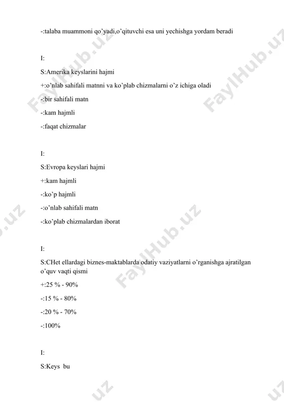 iqilishi; taqdimot va baholash. -:amaliy muammoli vaziyat tahlili; uning yechimining usullari va vositalarining aniqlanishi; -:muqobil variantlarning tanlanishi; yechimning ishlab chiqilishi; taqdimot va baholash. -:amaliy muammoli vaziyat tahlili; yechimning ishlab chiqilishi; taqdimot va baholash; muqobil variantlarning tanlanishi. i: s:talabani keysni hal qilishi necha bosqichdan iborat bo’ladi +:2 ta -:3 ta -:5ta -:4 ta i: s:keysni hal qilish bo’yicha individual (auditoriyadan tashqari) ishda talaba bajaradigan ishlari bu +:keys materiallari bilan tanishadi; berilgan amaliy vaziyatni tahlil qiladi; ajratilgan muammoni hal etish usullari va vositalarini belgilaydi va asoslaydi; taklif etiladigan qarorni amalga oshirish bo’yicha tadbirlarni ishlab chiqadi -:keys materiallari bilan tanishadi; taklif etiladigan qarorni amalga oshirish bo’yicha tadbirlarni ishlab chiqadi -:keys materiallari bilan tanishadi; ajratilgan muammoni hal etish usullari va vositalarini belgilaydi va asoslaydi; -:ajratilgan muammoni hal etish usullari va vositalarini belgilaydi va asoslaydi; taklif etiladigan qarorni amalga oshirish bo’yicha tadbirlarni ishlab chiqadi i: s:keysni hal qilish bo’yicha talabalarni kichik guruhlarda bajaradigan ishlari bu …