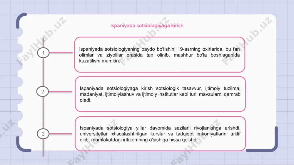 ing cheklanganligi edi. bundan tashqari, ispaniyadagi sotsiologlar o'zlarining tadqiqot loyihalari uchun mablag' va resurslarni olishda qiyinchiliklarga duch kelishdi. moliyaviy yordamning etishmasligi ko'pincha ularning keng qamrovli tadqiqotlar o'tkazish va sohaga samarali hissa qo'shish qobiliyatiga to'sqinlik qildi. bundan tashqari, ispaniyadagi konservativ ijtimoiy va siyosiy iqlim sotsiologlar uchun qiyinchiliklar tug'dirdi, chunki ularning ishi ba'zan ijtimoiy o'zgarishlarga va tanqidiy nuqtai nazarga chidamli bo'lganlarning tekshiruvi va noroziligiga duch keldi. 1 2 3 ispaniyada sotsiologiya va siyosat ispaniyada sotsiologiyaning paydo bo'lishi siyosiy jarayonlar bilan chambarchas bog'liq edi. mamlakatda jiddiy ijtimoiy-siyosiy o‘zgarishlar ro‘y berganligi sababli jamiyatni o‘rganish zaruriyatga aylandi. ispaniyada sotsiologiya ijtimoiy tuzilmalar va dinamika haqida qimmatli tushunchalar berib, siyosiy tartibsizliklar davrida rivojlana boshladi. u jamoatchilik fikrini shakllantirish va siyosatni shakllantirishda hal qiluvchi rol o'ynadi. ispaniyada sotsiologiya va siyosatning kesishishi akademik tadqiqotlar va ommaviy nutqlarga ta'sir qilishda davom etmoqda. jamiyat va hukumat o'rtasidagi murakkab munosabatlarni tushunish zamonaviy muammolarni hal qilishning kalitidir. ispaniyada ta'lim sotsiologiyasi ispaniyada sotsiologiyaning paydo …