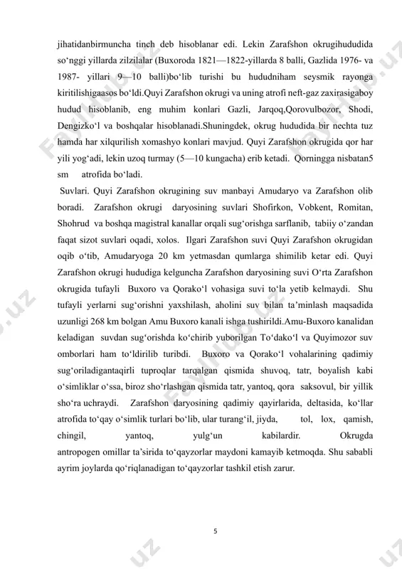 ni 100 foiz desak, 44—48 sut bahorga, 36—44 sut qishga, 2—3 tsed. yozga to‘g‘ri keladi. eng ko‘p yog‘in mart — aprel oylariga, eng kam yog‘in iyul — avgust oylariga to‘g‘ri keladi. quyi zarafshon okrugida qor har yili yog‘adi, lekin uzoq turmay (5—10 kungacha) erib ketadi. qorningga nisbatan5 sm atrofida bo‘ladi. suvlari. quyi zarafshon okrugining suv manbayi amudaryo va zarafshon olib boradi. zarafshon okrugi daryosining suvlari shofirkon, vobkent, romitan, shohrud va boshqa magistral kanallar orqali sug‘orishga sarflanib, tabiiy o‘zandan faqat sizot suvlari oqadi, xolos. ilgari zarafshon suvi quyi zarafshon okrugidan oqib oʻtib, amudaryoga 20 km yetmasdan qumlarga shimilib ketar edi. quyi zarafshon okrugi hududiga kelguncha zarafshon daryosining suvi o‘rta zarafshon okrugida tufayli buxoro va qorako‘l vohasiga suvi to‘la yetib kelmaydi. shu tufayli yerlarni sug‘orishni yaxshilash, aholini suv bilan taʼminlash maqsadida uzunligi 268 km bolgan amu buxoro kanali ishga tushirildi.amu-buxoro kanalidan keladigan suvdan sugʻorishda koʻchirib yuborilgan toʻdakoʻl va quyimozor suv omborlari ham …