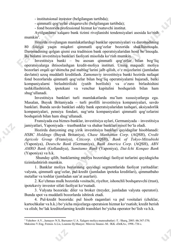 liya bozori orqali o‘z risklarini boshqaradilar. ko‘rinib turibdiki, banklar sug‘urta kompaniyalari va investitsiya institutlari bilan bir qatorda moliya bozorining professional, o‘ta zarur, foydali va eng salmoqli qatnashchilaridan hisoblanadi. aytilgan operatsiyalar negizida davlat (markaziy) banki va tijorat banklari o‘zaro bog‘liqlikda bank tizimini hosil qilib, markaziy bank boshchiligida moliya bozori orqali iqtisodiyotda kredit-pul (monetar) siyosatini yuritadi. bu esa moliya bozorining risksizlilik, jalbdorlilik, barqarorlik, moliyaviy xavfsizlik darajasini ko‘tarishga, samarali investitsion hajmini va jarayoni sifatini oshirishga hizmat qiladi. mamlakatimiz rahbariyati tomonidan respublika bank tizimining izchil rivojlanishiga katta e’tibor qaratilayotganligi va banklarning kapitallashuv darajasini yanada oshirish va ularning resurs bazasini mustahkamlash borasida tizimli chora-tadbirlar amalga oshirilayotganligi investorlarning fond birjasidagi banklar aksiyalariga bo‘lgan qiziqishlarining tobora ortib borishiga sabab bo‘lmoqda. banklar aksiyalariga bo‘lgan qiziqishning ortib borishi ularning ishonchliligi, barqarorligi, daromadlar miqdorining doimiy oshib borishi va aksiyadorlar uchun axborotlar oshkor qilish qonunchilik normalarining faol tadbiq etilayotganligi kabi omillar bilan uzviy bog‘liqdir. "toshkent" respublika fond birjasining birlamchi joylashtirish va …