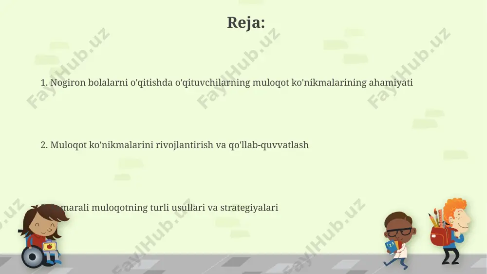 aql va empatiya o'qituvchining hissiy aql va empatiyasi o'quvchilarning 70% gacha hissiy ehtiyojlarini aniqlash va ularga moslashish imkonini beradi, bu esa o'qitish samaradorligini oshiradi. hissiy aqlning yuqori darajasi, kamida 5 xil o'qitish uslubini qo'llash va individual yondashuvlarni ta'minlash orqali o'quv jarayonini individualizatsiya qilish qobiliyatini oshiradi. individual ehtiyojlarni aniqlash va ularga moslashish individual ehtiyojlarga moslashishda, o'quv rejasi, o'quv materiallari va baholash usullarining kamida 70%ini o'quvchining qobiliyat darajasiga moslashtirish kerak. effektiv kommunikatsiya orqali o'quvchining individual ehtiyojlari va oila a'zolari bilan kamida haftada 2 marta aloqada bo'lish, ta'limning muvaffaqiyatli amalga oshirilishiga sezilarli ta'sir ko'rsatadi. tinglash va tushunish ko'nikmalari effektiv aloqa uchun o'qituvchilar kamida 3 xil kommunikativ usuldan (masalan, vizual, auditoriy, kinestetik) foydalanishi kerak, bu esa nogiron bolalar uchun ma'lumotni o'zlashtirish darajasini oshiradi. o'qituvchilarning empatiya va bolaning his-tuyg'ularini tushunish ko'nikmalari, ayniqsa, autizm spektri buzilishi bo'lgan bolalar bilan ishlashda muhimdir, bu muvaffaqiyatli o'qitishning 40% ni tashkil qiladi. aniq va tushunarli tilda gapirish og'zaki muloqotda bolaning …
