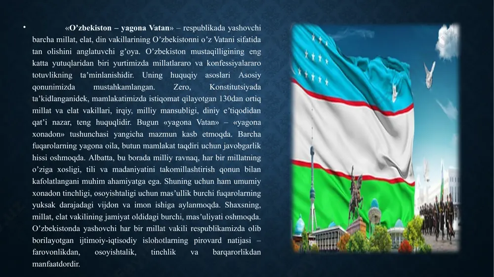 li boʼlishi, uning oilasi, bola-chaqasi ham baʼzan vatan soʼzi orqali ifoda etiladi. shuningdek, vatan soʼzi mumtoz sheʼriyatimizda obraz sifatida qoʼllanib, koʼngil maʼnosini ifoda etadi. vatan tushunchasi asrlar davomida ijtimoiy-iqtisodiy taraqqiyot munosabati bilan oʼzgarib, kengayib, rivojlanib kelgan. qadimda muayyan qabila yashagan joy uning vatani sanalgan. jondosh va tildosh qabilalarning uzviy ittifoqidan elat paydo boʼlgan, elat yashagan hudud el, deb atalgan. masalan, oʼzbek xalq dostonlarida chambil eli iborasi koʼp tilga olinadi. muayyan hudud doirasida markaziy boshqaruvning paydo boʼlishi bilan vatan soʼzi xalq va davlat tushunchalarini ham anglata boshlagan. xalqning tili, madaniyati, iqtisodiy turmushi, maʼnaviyati ravnaq topishi natijasida kishilar oʼrtasida mushtaraklik shakllanadi. oʼzbekiston respublikasi millati, tili va dinidan qatʼi nazar, shu zaminda yashayotgan barcha insonlarning vatanidir. bu oʼrinda davlat va vatan ayni bir maʼnoni ifodalaydi, yaʼni oʼzbekiston respublikasi deganda vatanni tushunamiz, vatan deganda oʼzbekistonni tasavvur etamiz. sobiq mustabid tuzum davrida hukmron mafkura biz uchun asl vatan tushunchasini soxtalashtirib, qalbimiz va ongimizga mavhum vatan …