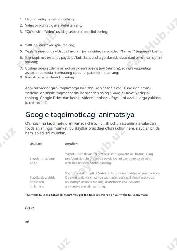 t the best experience on our website. learn more got it! ad google taqdimotlari onlayn - qanday yaratish va saqlash ma'lumki, google slides google tomonidan hammaga taqdim etiladigan bepul ofis veb-dasturlari to'plamiga kiritilgan. ushbu vosita yordamida siz onlayn taqdimotlar yaratishingiz, ularni boshqa foydalanuvchilar bilan birgalikda tahrirlashingiz va so'ngra yakuniy natijani shaxsiy kompyuteringizga saqlashingiz mumkin. yangi taqdimotni yaratish powerpoint va boshqa shunga o'xshash dasturlarning faoliyati bilan tanish bo'lgan odam uchun hech qanday muammo tug'dirmaydi. agar siz boshlang'ich bo'lsangiz va asboblar bilan noldan ishlashni boshlasangiz, unda ushbu material siz uchun foydali bo'ladi. unda biz google taqdimotlarida har qanday hujjatni qanday yaratish va saqlashni onlayn tarzda aytib beramiz. shuningdek, kerakli natijaga erishish uchun qanday qadamlar va harakatlar qilishimiz kerak. ad onlaynda google slides bilan ishlashni boshlang dastlab biz kelajakdagi taqdimotingiz kontseptsiyasini diqqat bilan o'ylab ko'rishingizni tavsiya qilamiz. unda maqsad va vazifalar, auditoriyaga yo'naltirilganlik, kelajakdagi slaydlar soni, ularning mazmuni va boshqa xususiyatlari bo'lishi kerak. …
