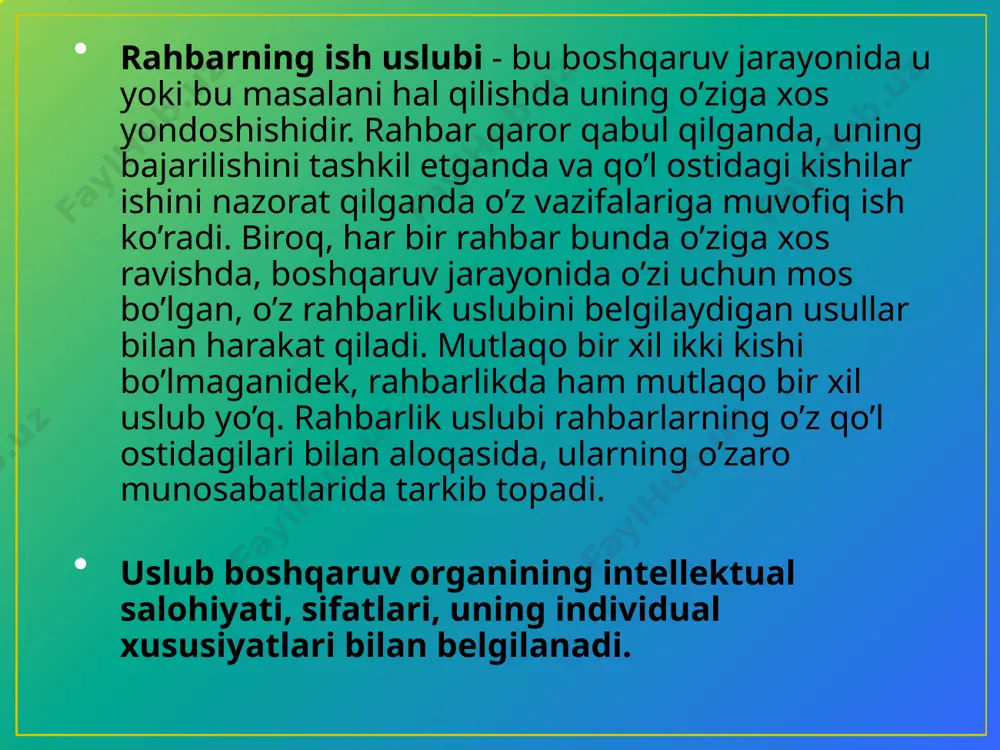 ilan gapiradigan kishilardir. sangviniklar ish jarayonida kechgan ko’ngilsiz hodisalarni tezda unutadilar. ular o’z kuchi hamda qobiliyatlariga ortiqcha baho berish xususiyatiga ega bo’ladilar. rahbarlar sangviniklarning ishini salbiy baholashdan ko’ra ularga nisbatan qattiqqo’l va talabchan bo’lsalar, ijobiy natijaga erishishlari mumkin. sangviniklar yuqori lavozimga intiladigan kishilar bo’ladi. agar kishida shilliq hukmron o’rin tutsa, unday kishilar og’ir, tepsa tebranmas, kayfiyatlari va intilishlari ancha barqaror, voqealar va hayot taassurotlariga loqayd qaraydigan bo’ladilar. bunday xil kishilar flegmatiklar deb atalgan. qadimgi shilliqni "flegma" deyishgan. flegmatiklar: ta'sirchanligi sust bo’ladi; bir turdagi ishdan ikkinchi turdagi ishga sekinlik bilan ko’chadilar; faolliklari kam; yangi sharoitga qiyinchilik bilan moslashadilar; harakatlari va nutqlari sust; ko’ngilsiz hodisa yuz berganda osoyishtaliklarini buzmaydilar; sabr-toqatli, chidamli bo’lib, so’zlaganda xotirjam, o’zga shaxslar bilan hayajonlanmay gaplashadilar. rahbar yuqorida keltirilgan talablarga rioya qilmas ekan u o’z rahbarlik usulida salbiy hodisalarga yo’l qo’yishi, pirovardida esa o’z obro’yini ketkazishi va el nazaridan qolishiga sabab bo’lishi mumkin. e’tiboringiz uchun rahmat! /docprops/thumbnail.jpeg