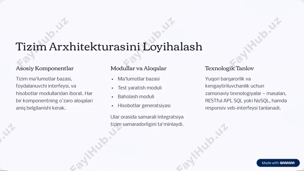 i. foydalanuvchilarni o'qitish o'qituvchilar va ma'muriyat uchun treninglar o'tkazilib, tizimdan samarali foydalanish ta'minlanadi. doimiy yordam tizimni qo'llab-quvvatlash markazi tashkil qilinib, texnik va ma'muriy yordam ko'rsatiladi. https://gamma.app/?utm_source=made-with-gamma xulosa va tavsiyalar loyihaning natijalari yaratilgan nazorat tizimi o'quv jarayonini avtomatlashtirish va baholash sifatini oshirishga yordam berdi. kelajak yo'nalishlari tizimni kengaytirish, yangi modullar qo'shish va mashina o'qitish asosida tahlil qilish imkoniyatlarini rivojlantirish ko'zda tutilmoqda. tavsiya doimiy yangilanish va foydalanuvchilar fikrini hisobga olish tizim samaradorligini oshirish uchun muhimdir. https://gamma.app/?utm_source=made-with-gamma